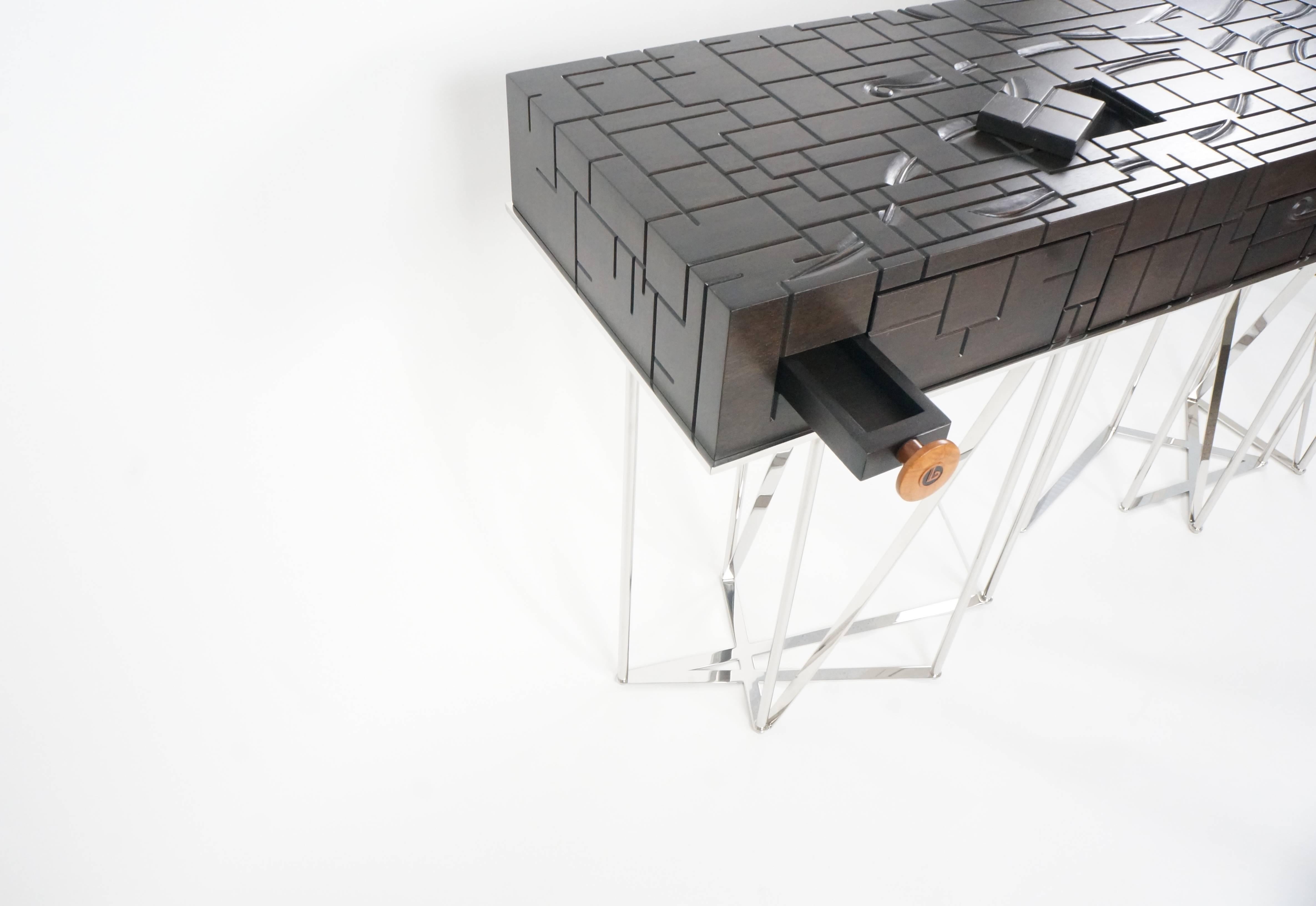 Mondrian Meets Gaudi Mahogany and Stainless Steel Console For Sale 1