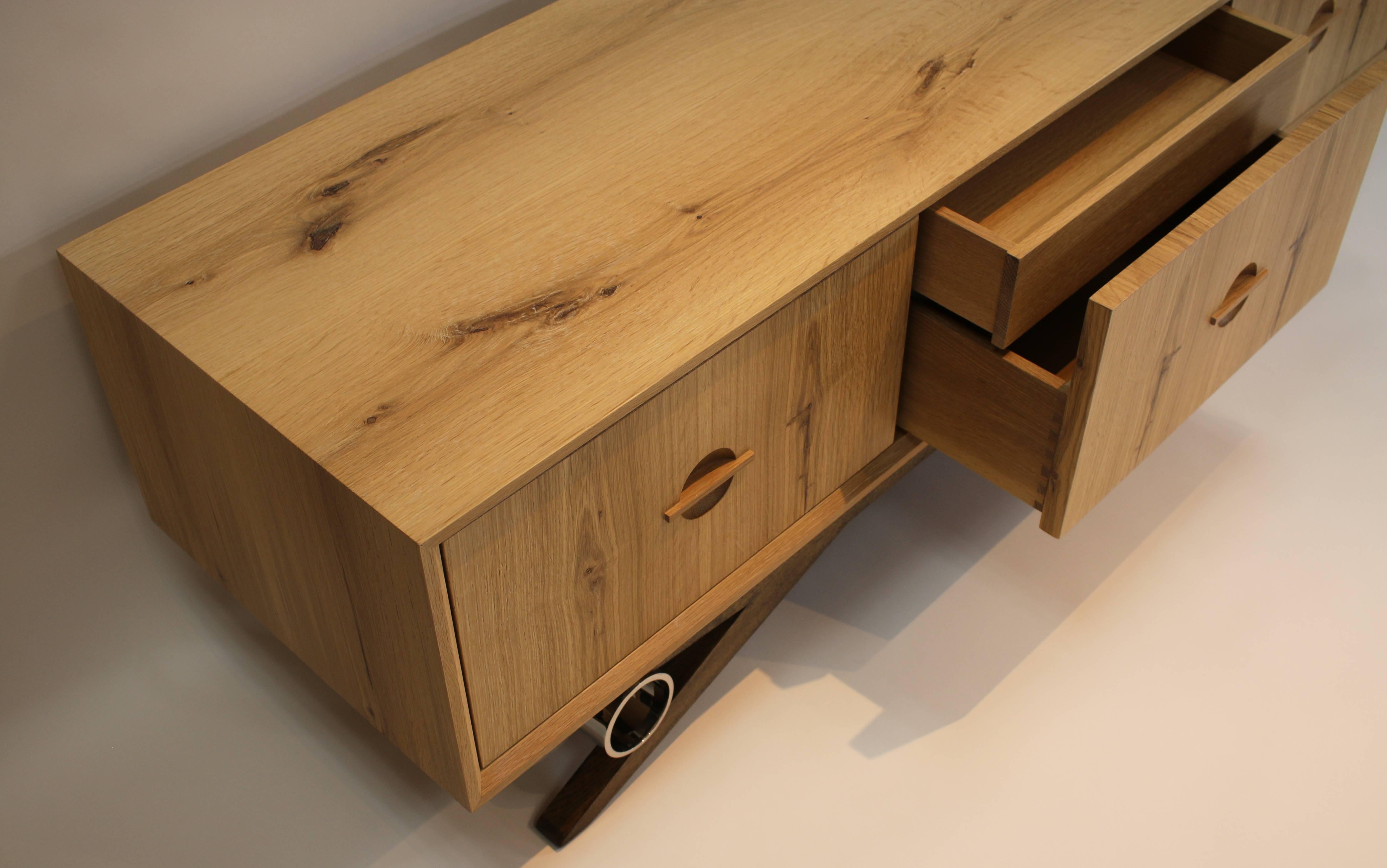 Mid-Century Modern Baixa Sideboard in Rustic White Oak and Stainless Steel IN STOCK For Sale