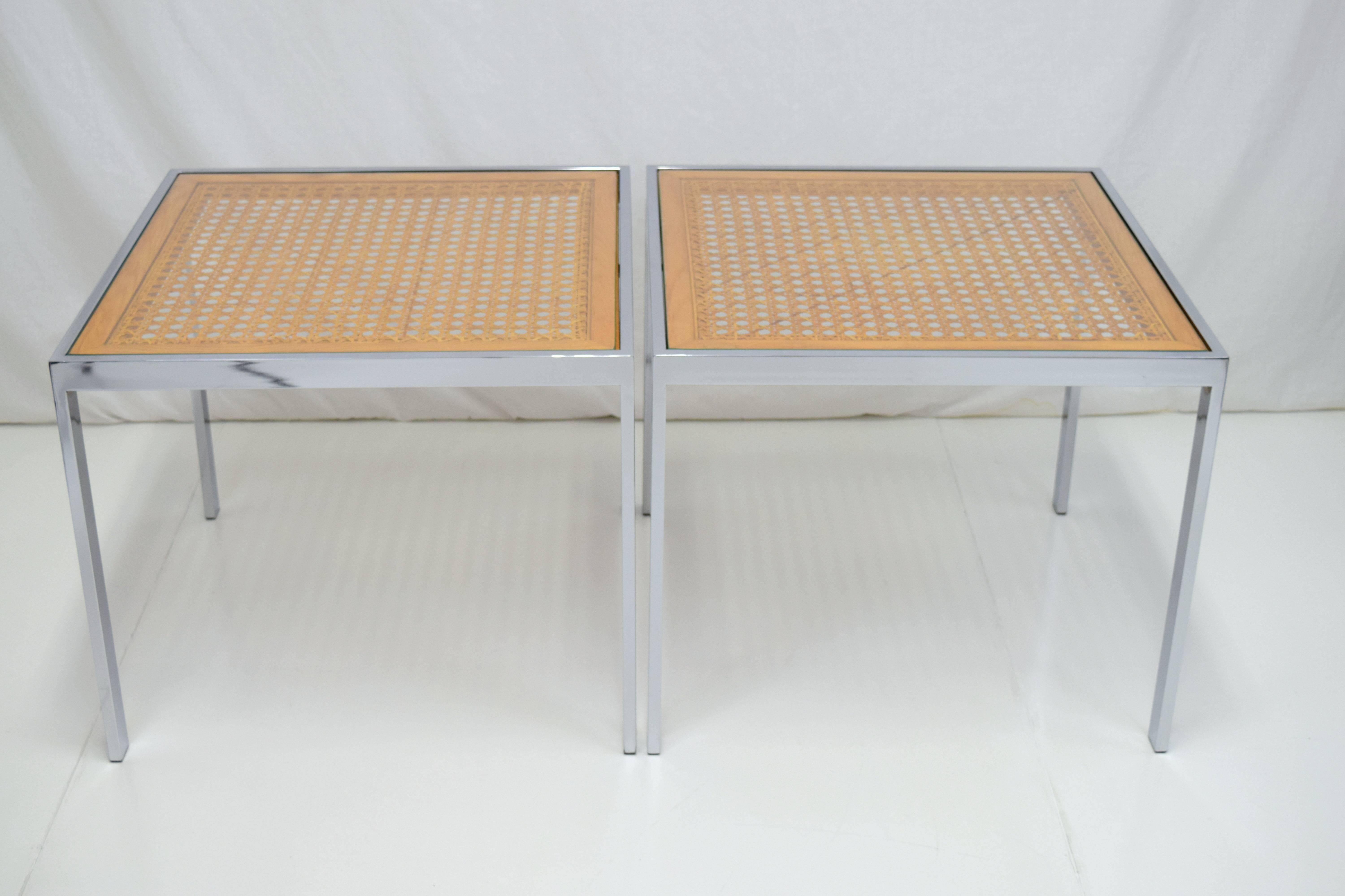 Mid-Century Modern Pair of Milo Baughman Cane and Chrome End Tables 