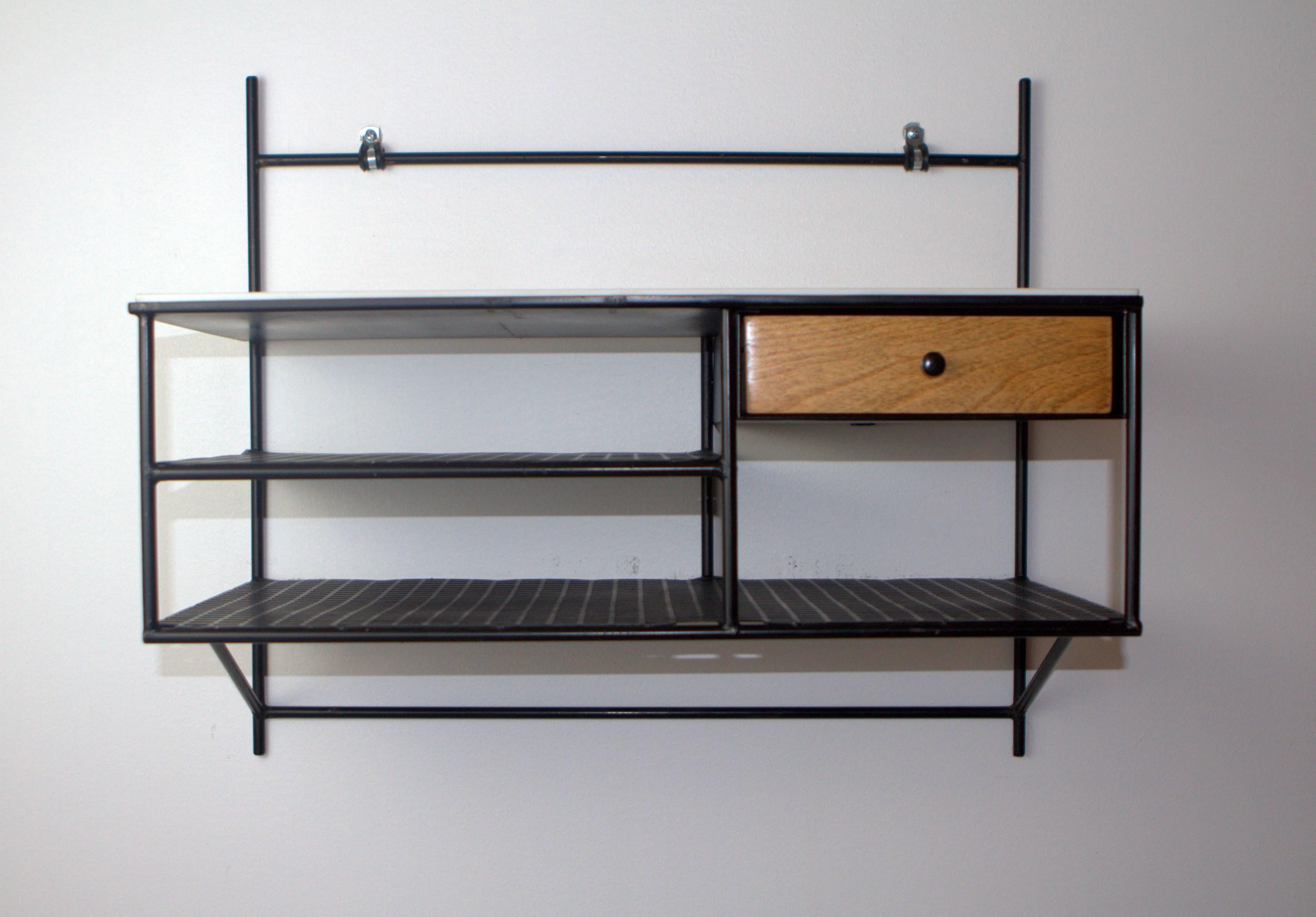 Rare Paul McCobb for Bryce Originals enameled metal wall shelf with a single birch drawer and original vitrolite glass top. Perfect for any space, easily hung (here shown with hardware store brackets), open metal mesh shelves, metal rod frame, birch