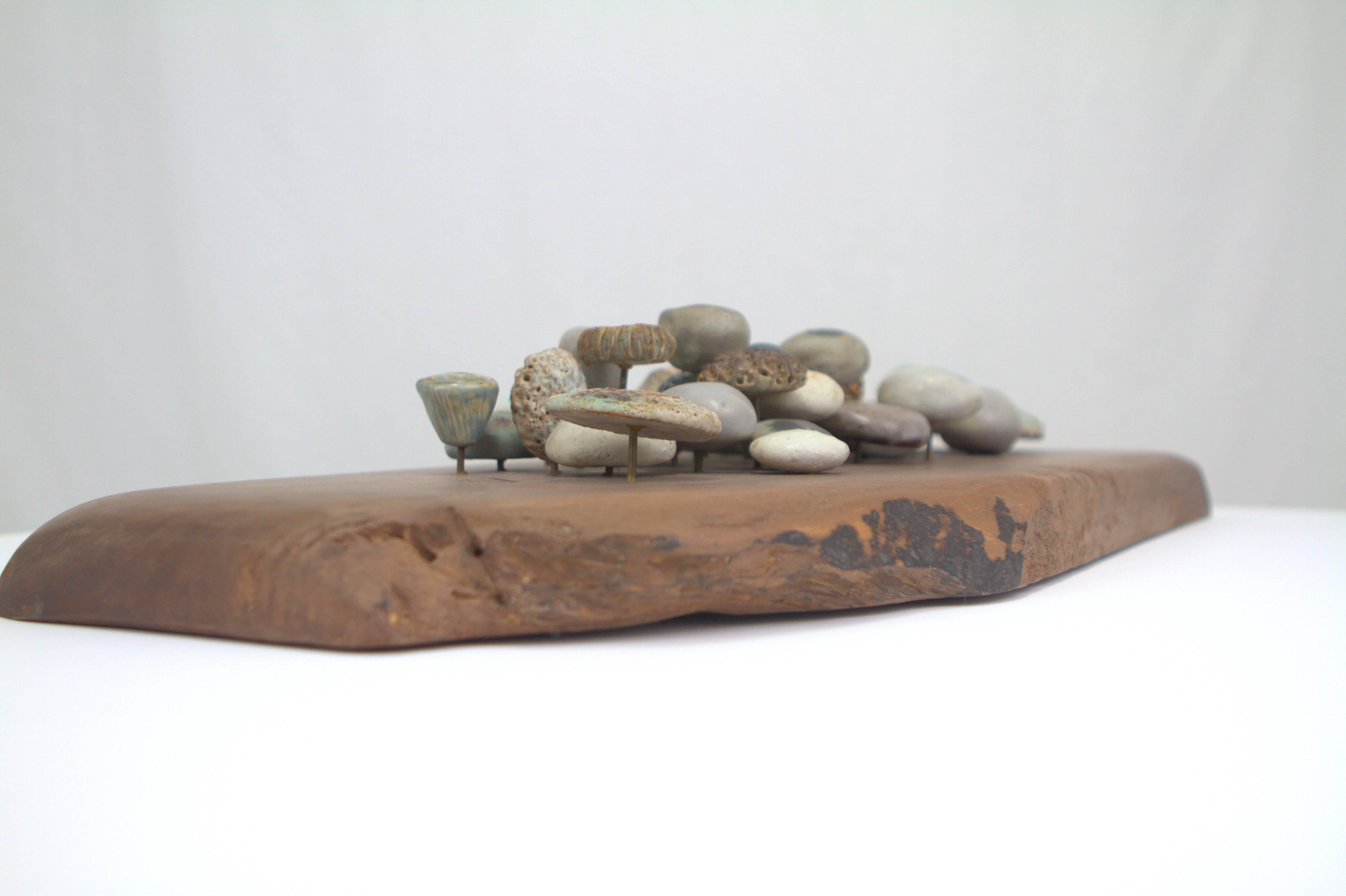 American Winni Brueggemann Stoneware Sculpture on Solid Walnut Slab For Sale