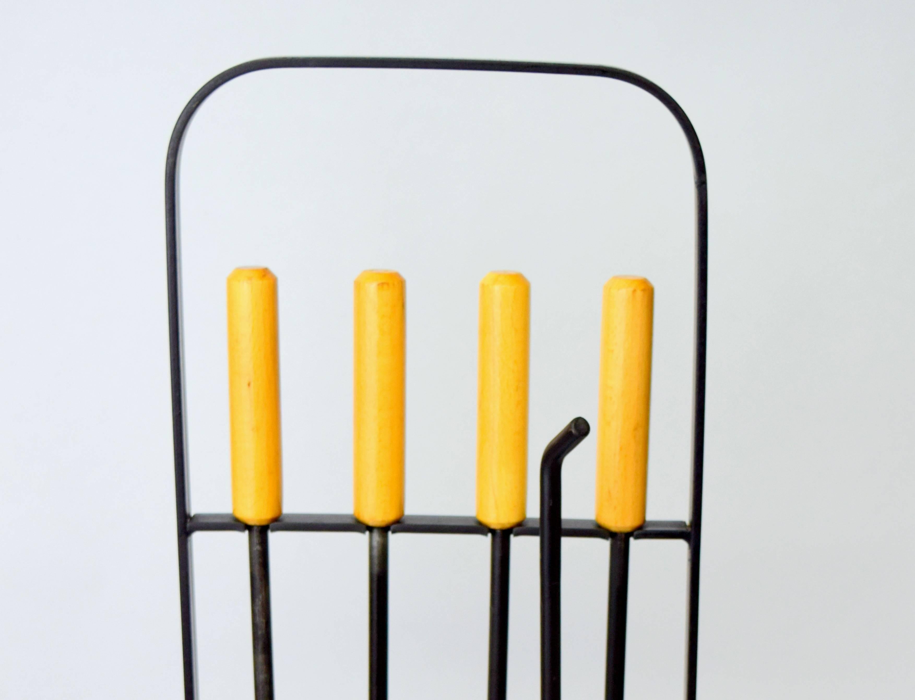 Mid-Century Modern Modernist Austrian Iron Fire Tools with Birch Handles For Sale