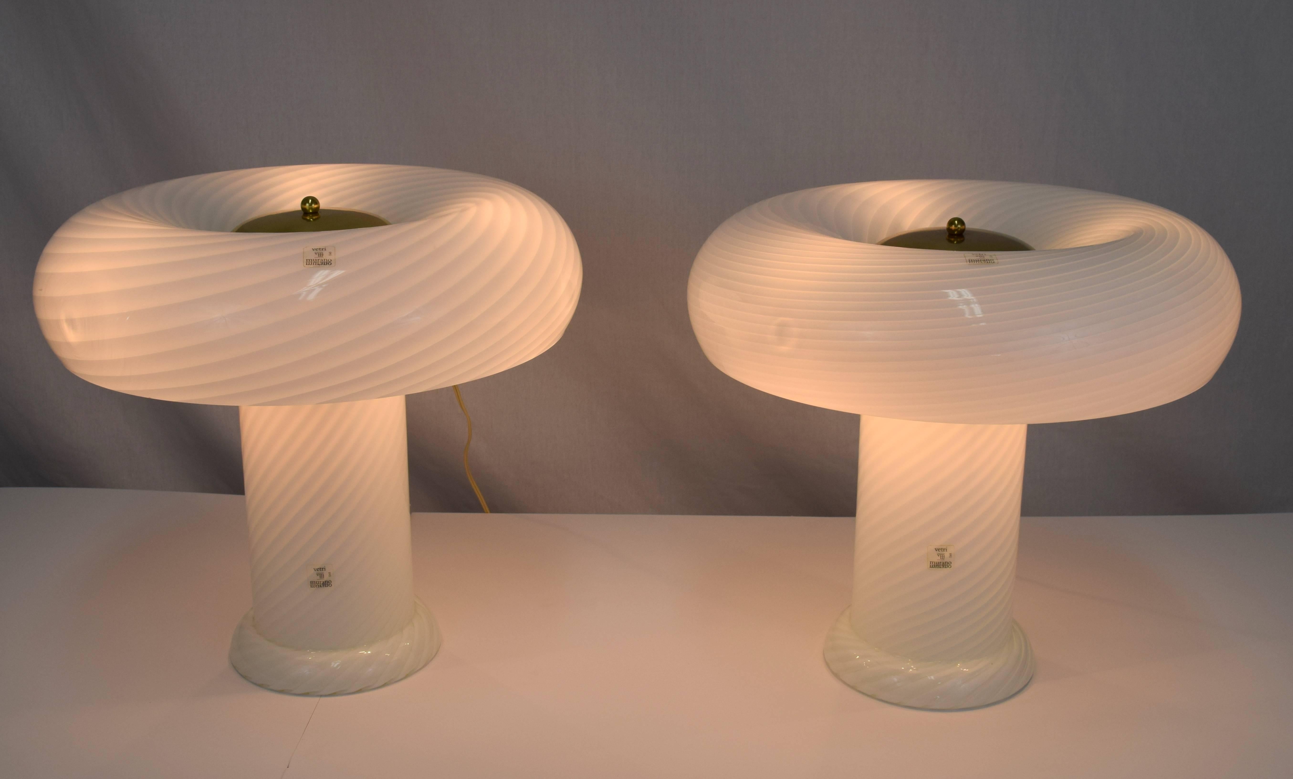 Italian Vetri Murano Swirl Glass Mushroom Lamps, Pair For Sale