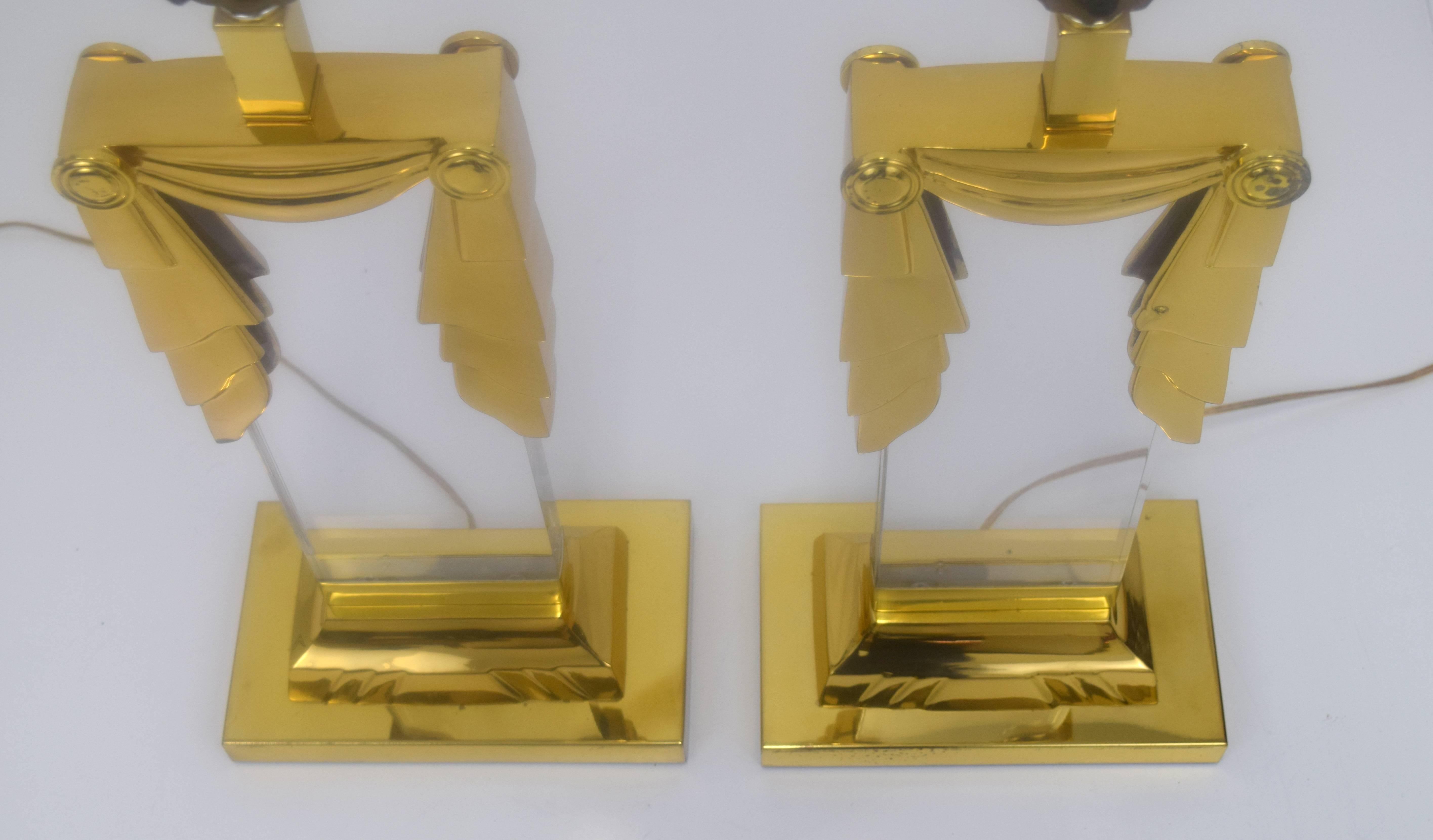 Late 20th Century Hollywood Regency Lucite and Brass Lamps, Pair  For Sale