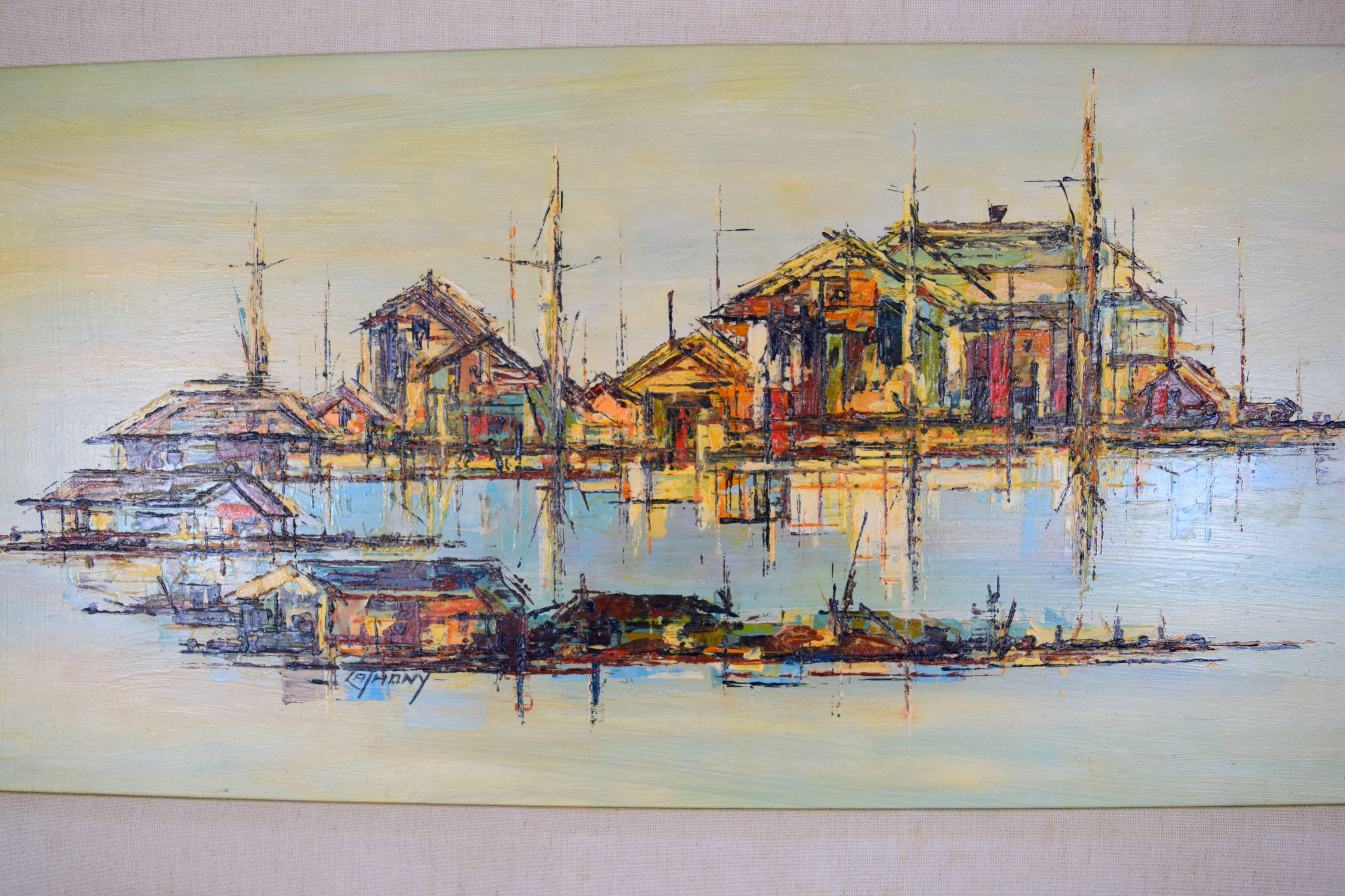 Fantastic Mid-Century oil on Masonite depicting a 