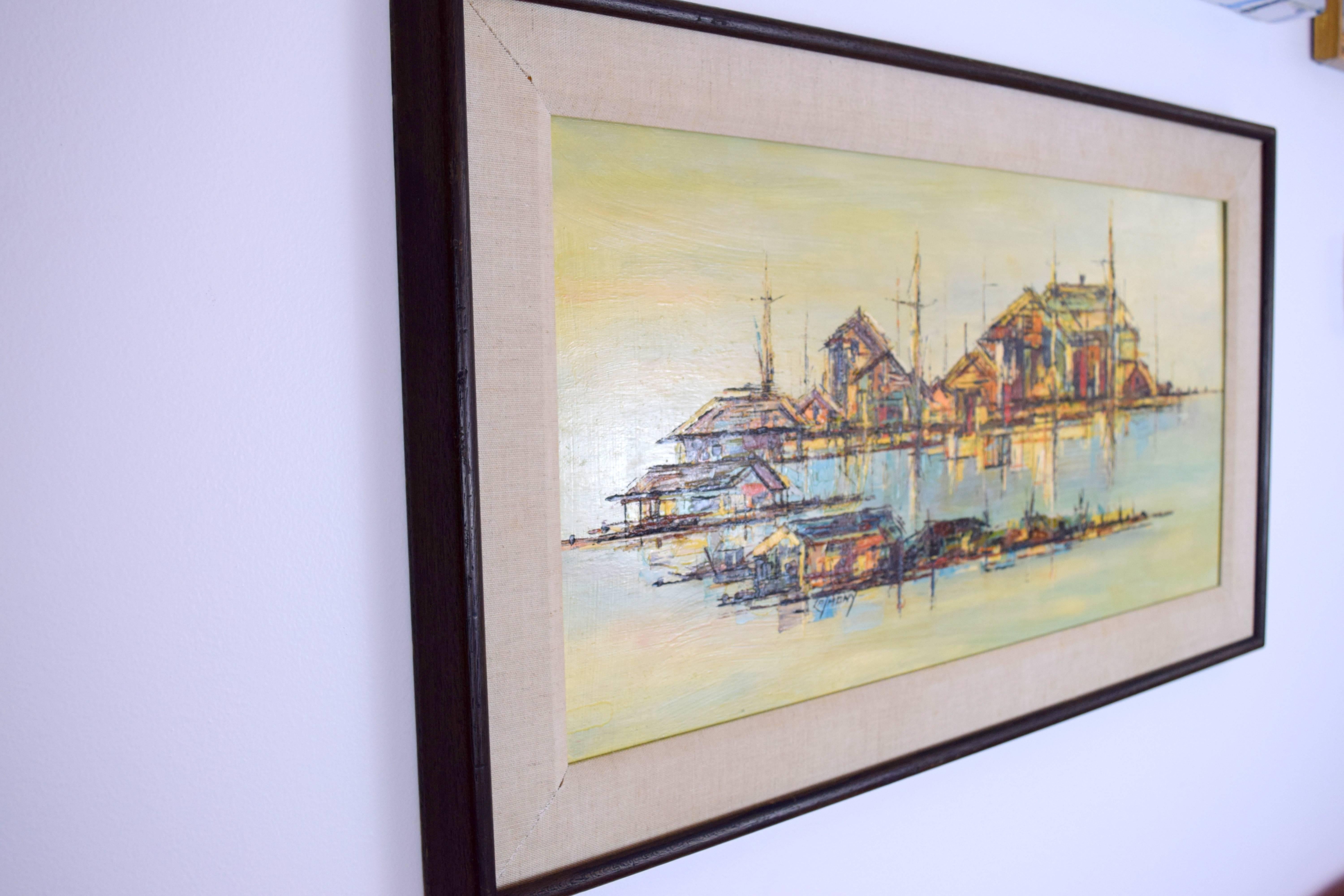 Mid-Century Modern Mid-Century Hardline Oil on Masonite 