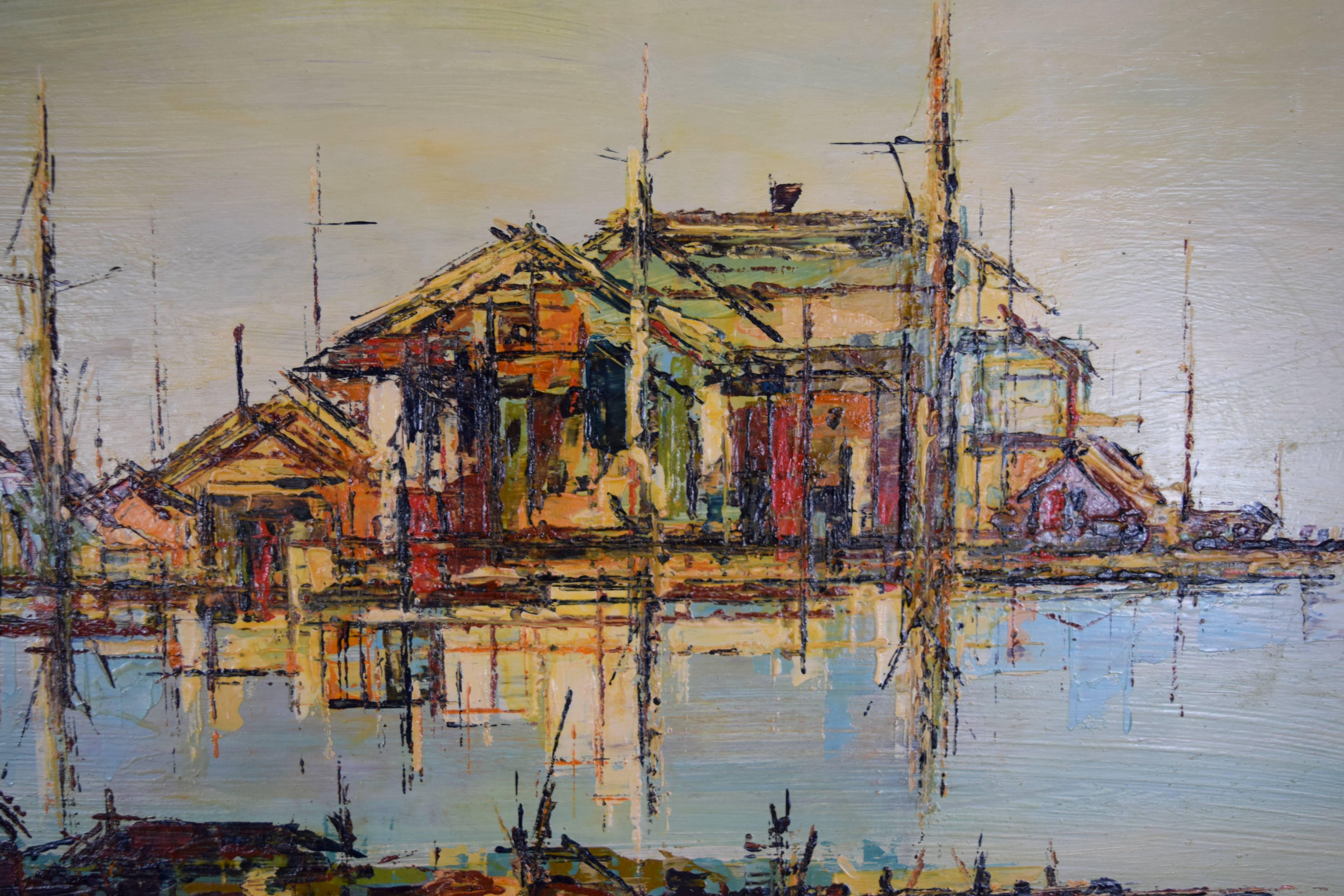 Mid-Century Hardline Oil on Masonite 