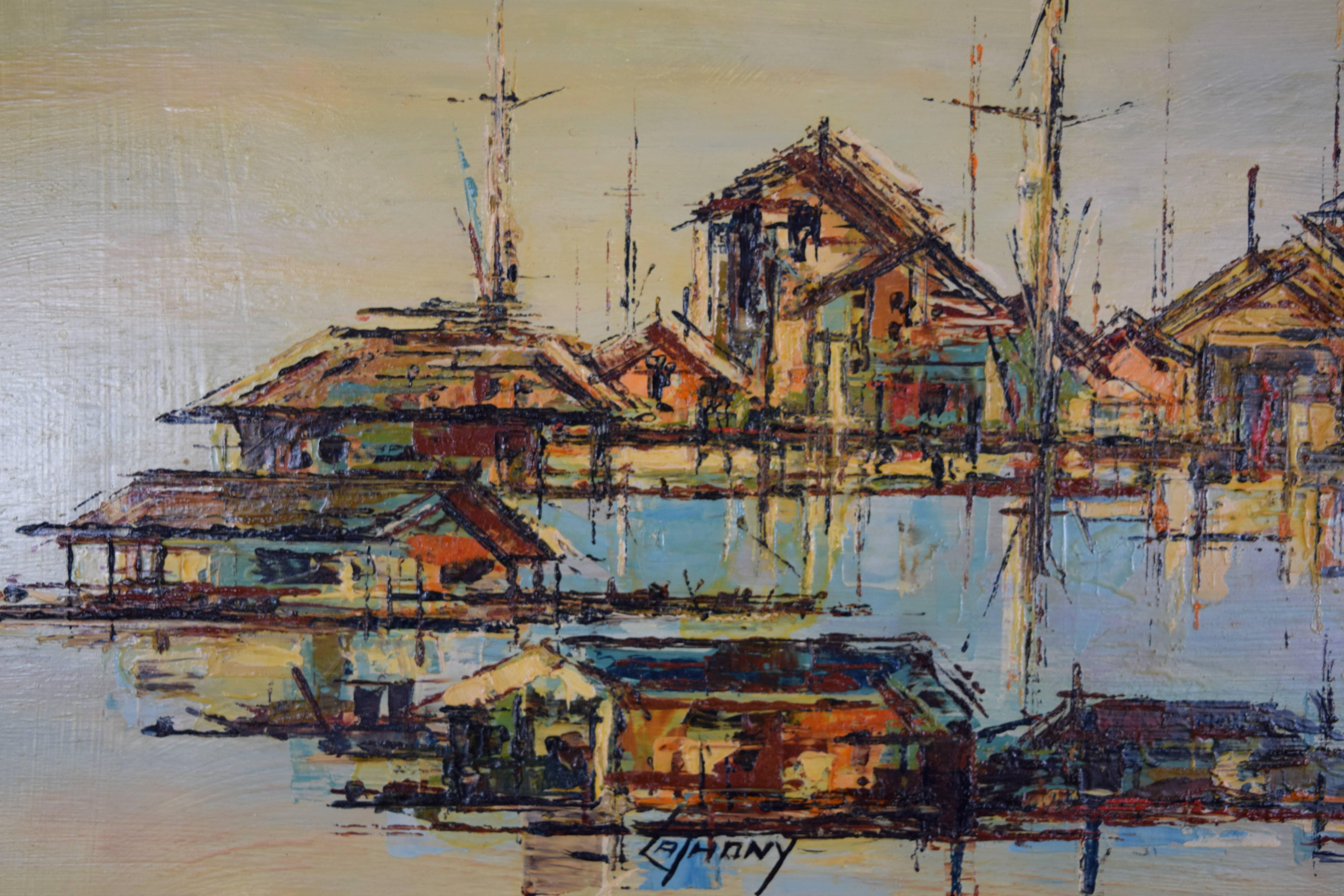 Mid-20th Century Mid-Century Hardline Oil on Masonite 