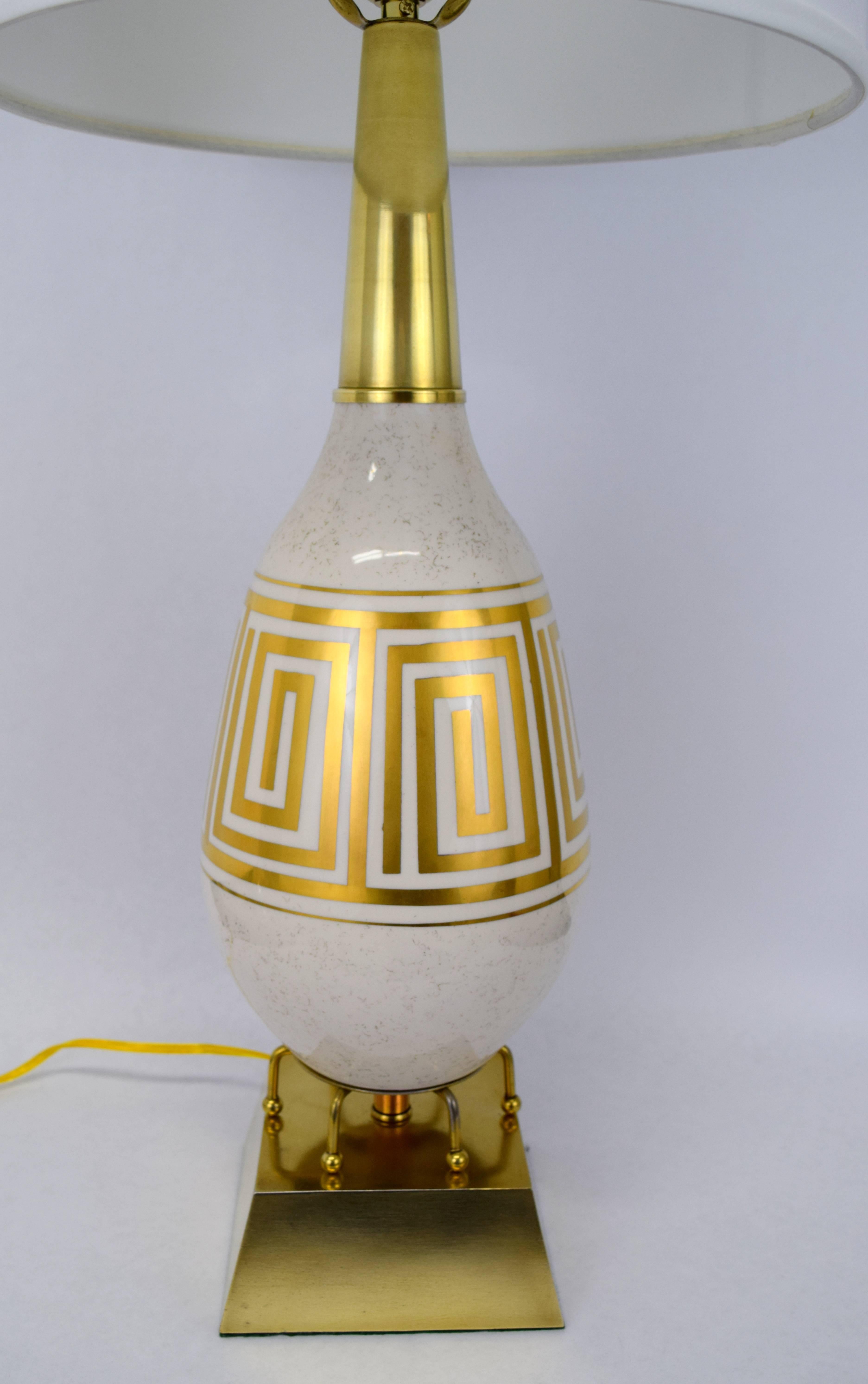 American Pair of Hollywood Regency Greek Key Motif Ceramic Table Lamps For Sale