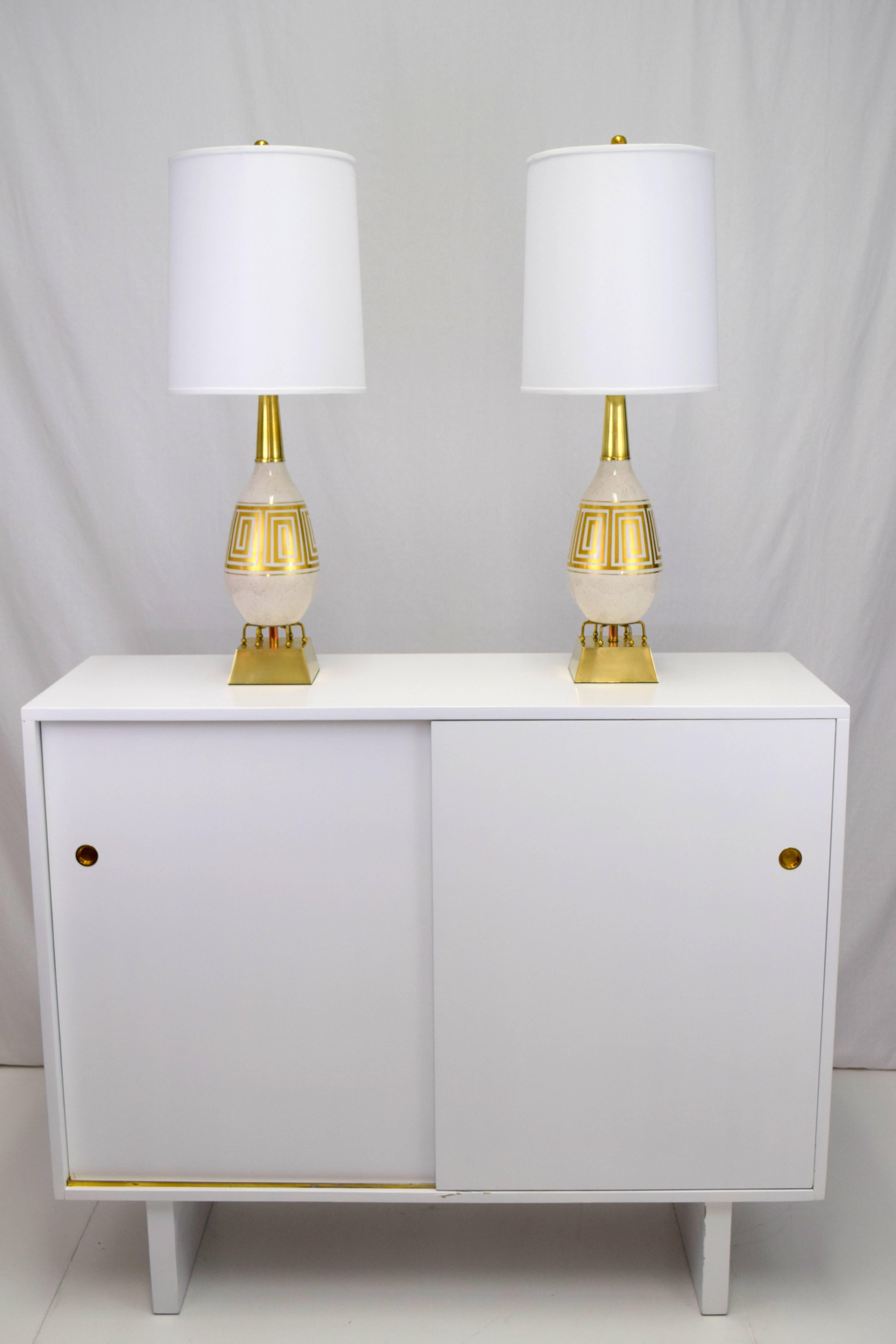 Pair of Hollywood Regency Greek Key Motif Ceramic Table Lamps For Sale 4