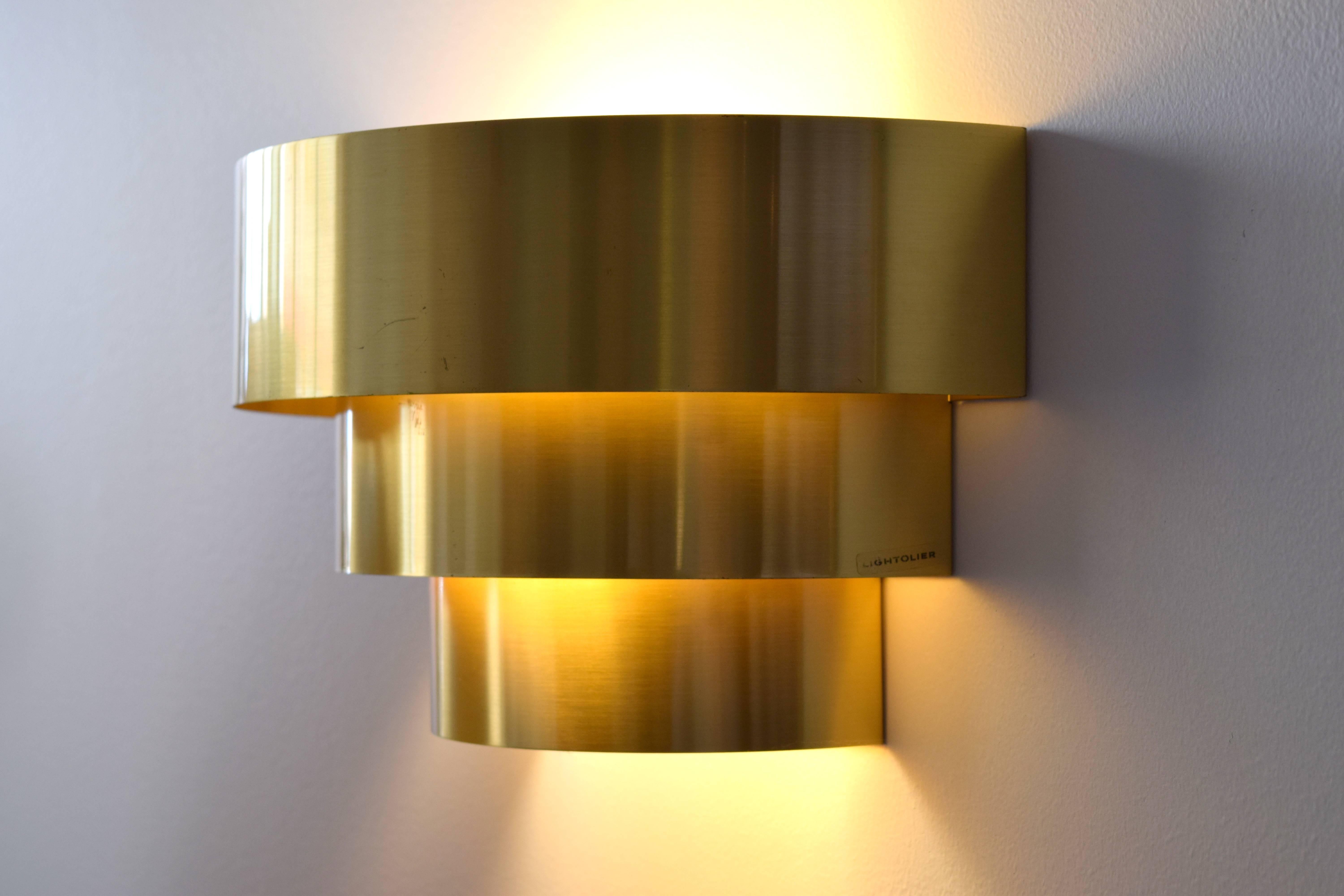 Hollywood Regency Pair of Three Tiered Brass Ribbon Sconces by Lightolier