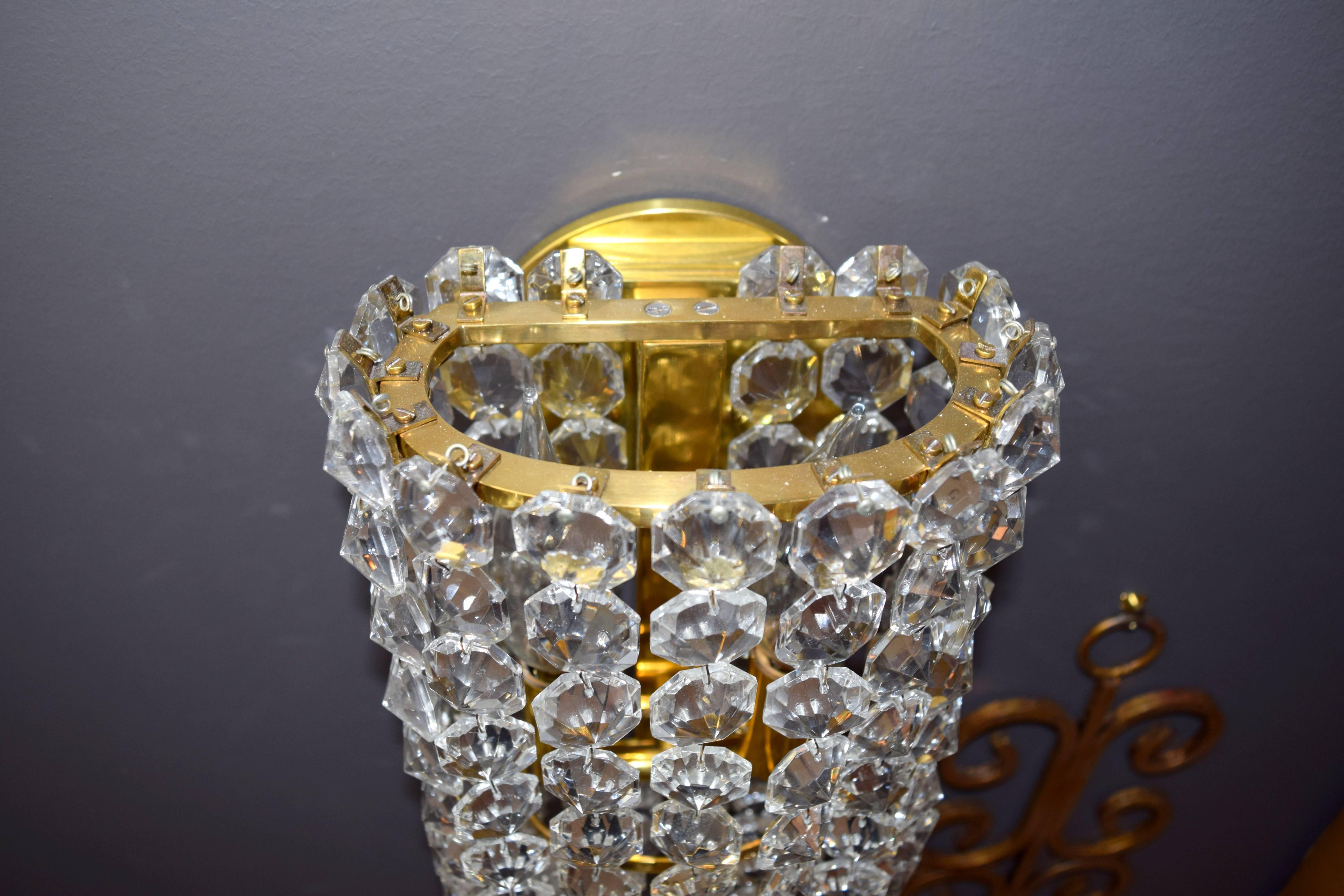 Mid-Century Modern Pair of Austrian Brass and Crystal Wall Sconces
