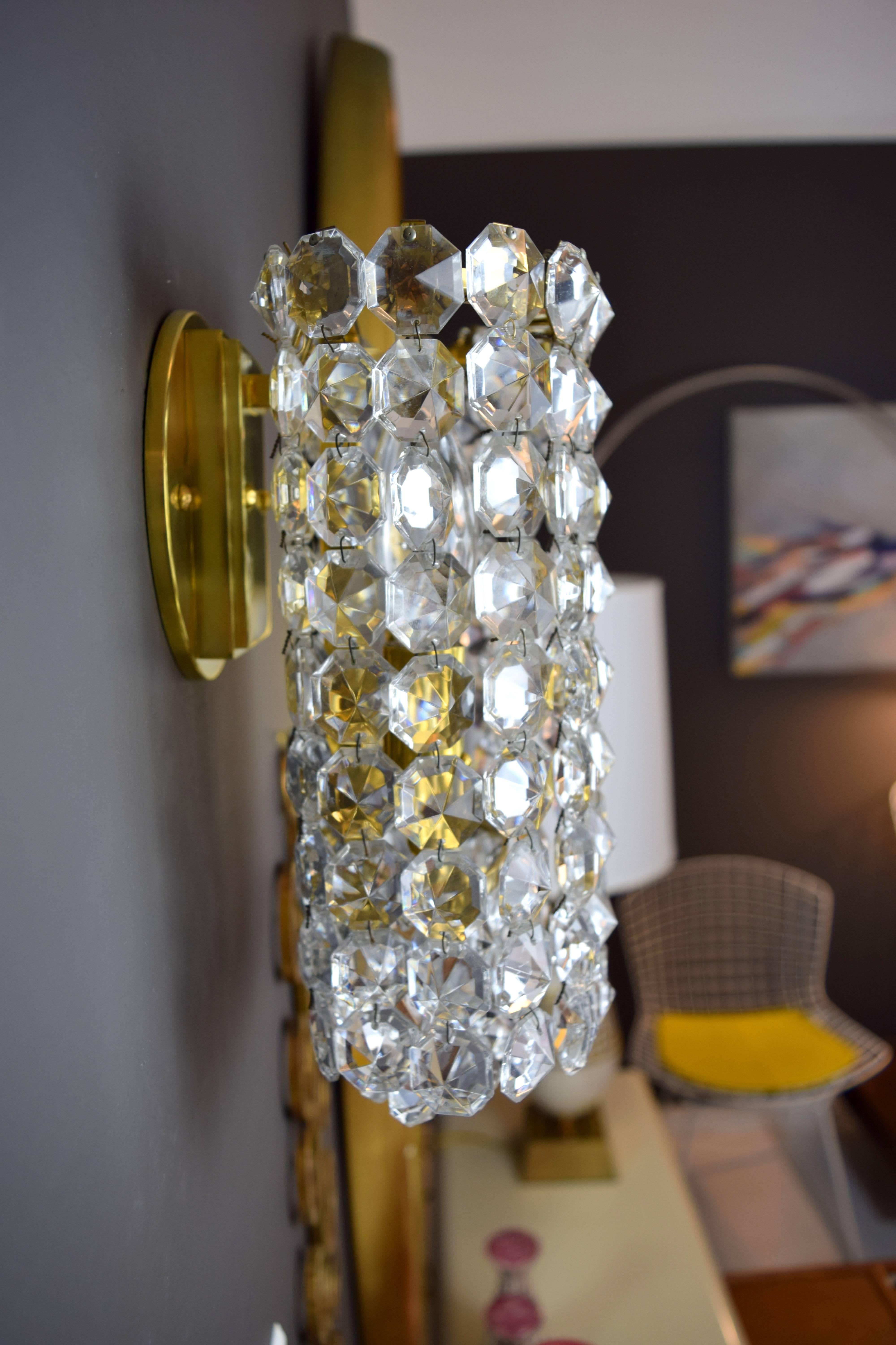 Pair of Austrian Brass and Crystal Wall Sconces In Excellent Condition In Chicago, IL