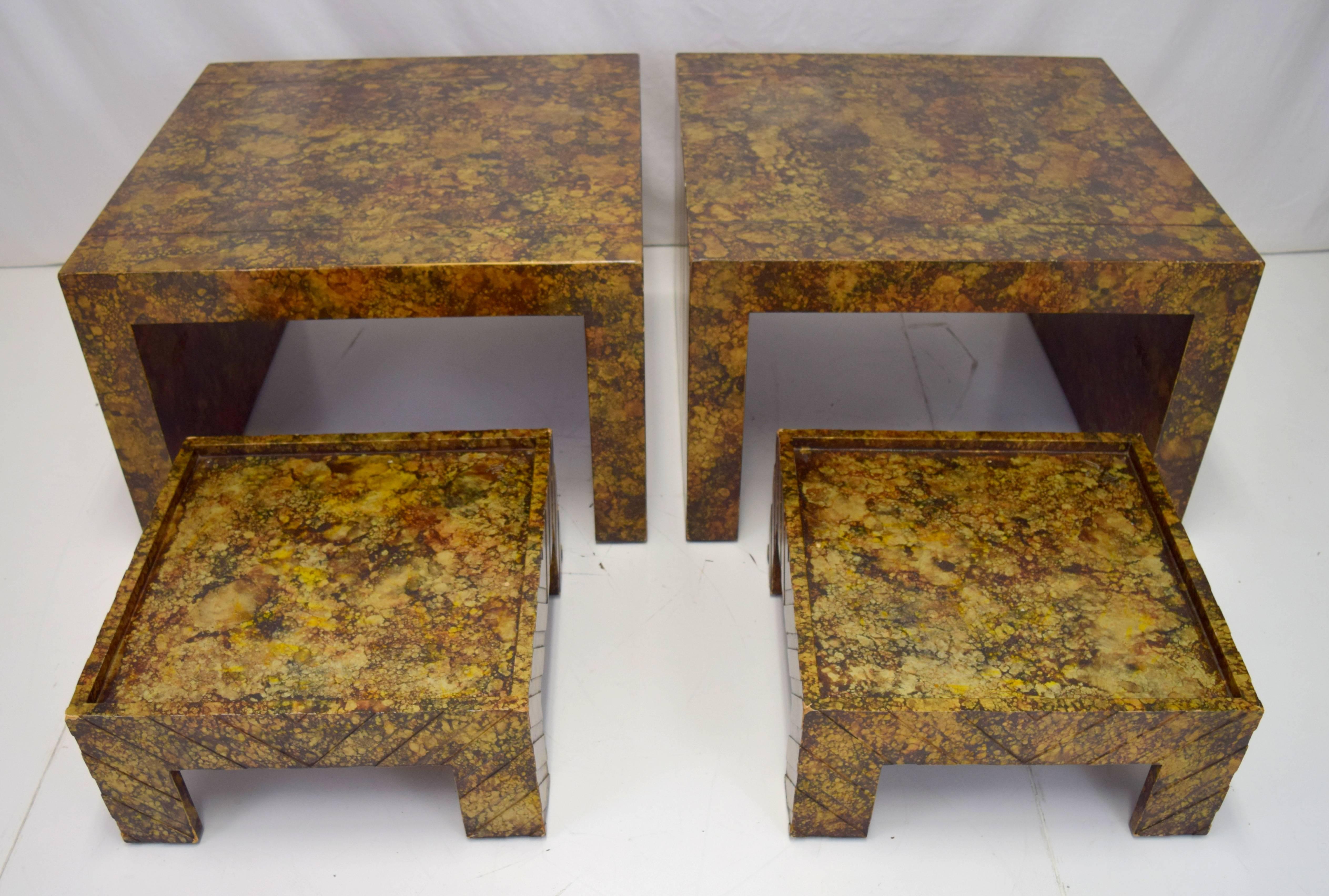 Hollywood Regency Pair of Phyllis Morris Oil Drop Finish End Tables with Nesting Ottomans
