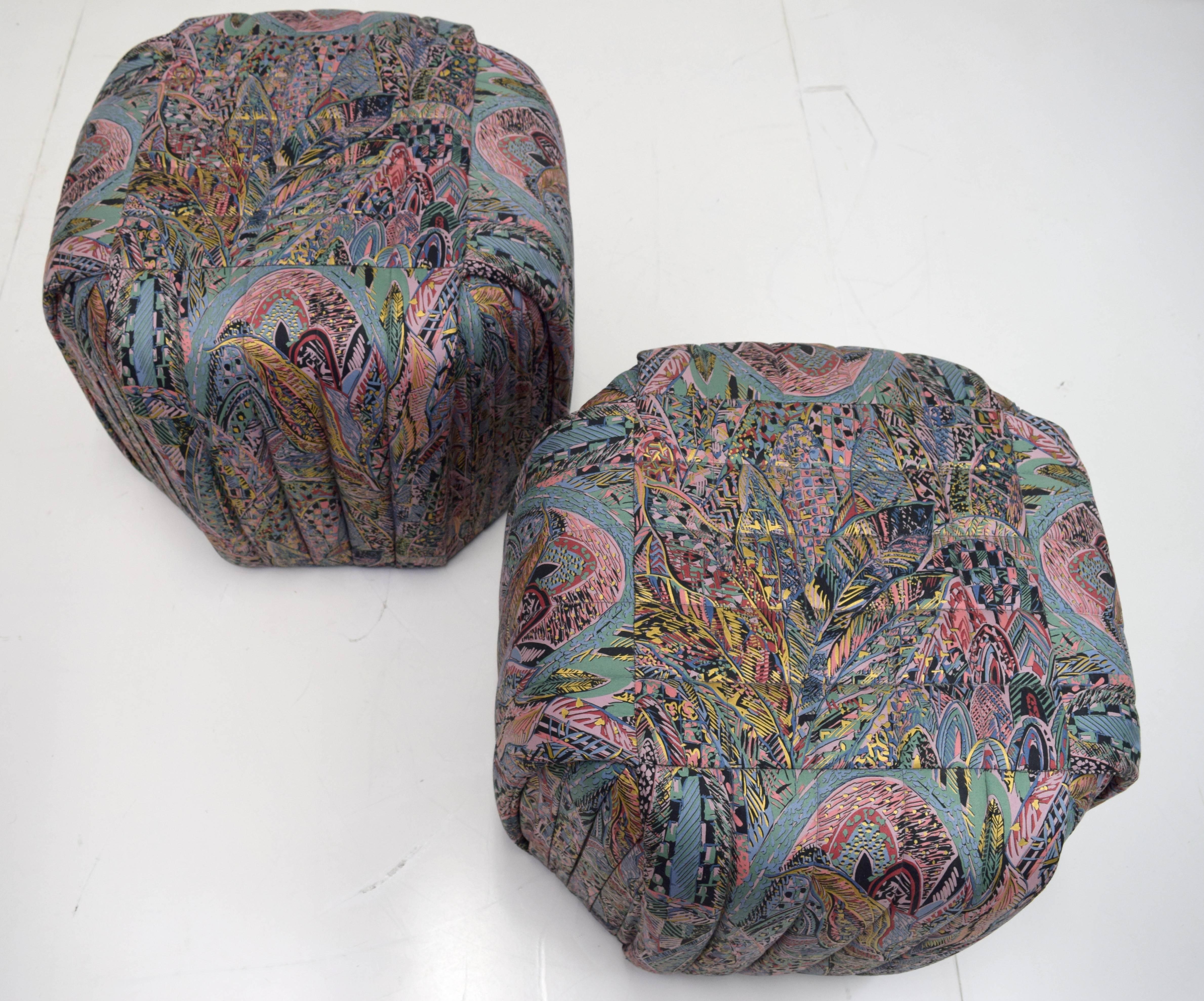 American Pair of Pleated and Box Stitched Upholstered Poufs by Preview Furniture