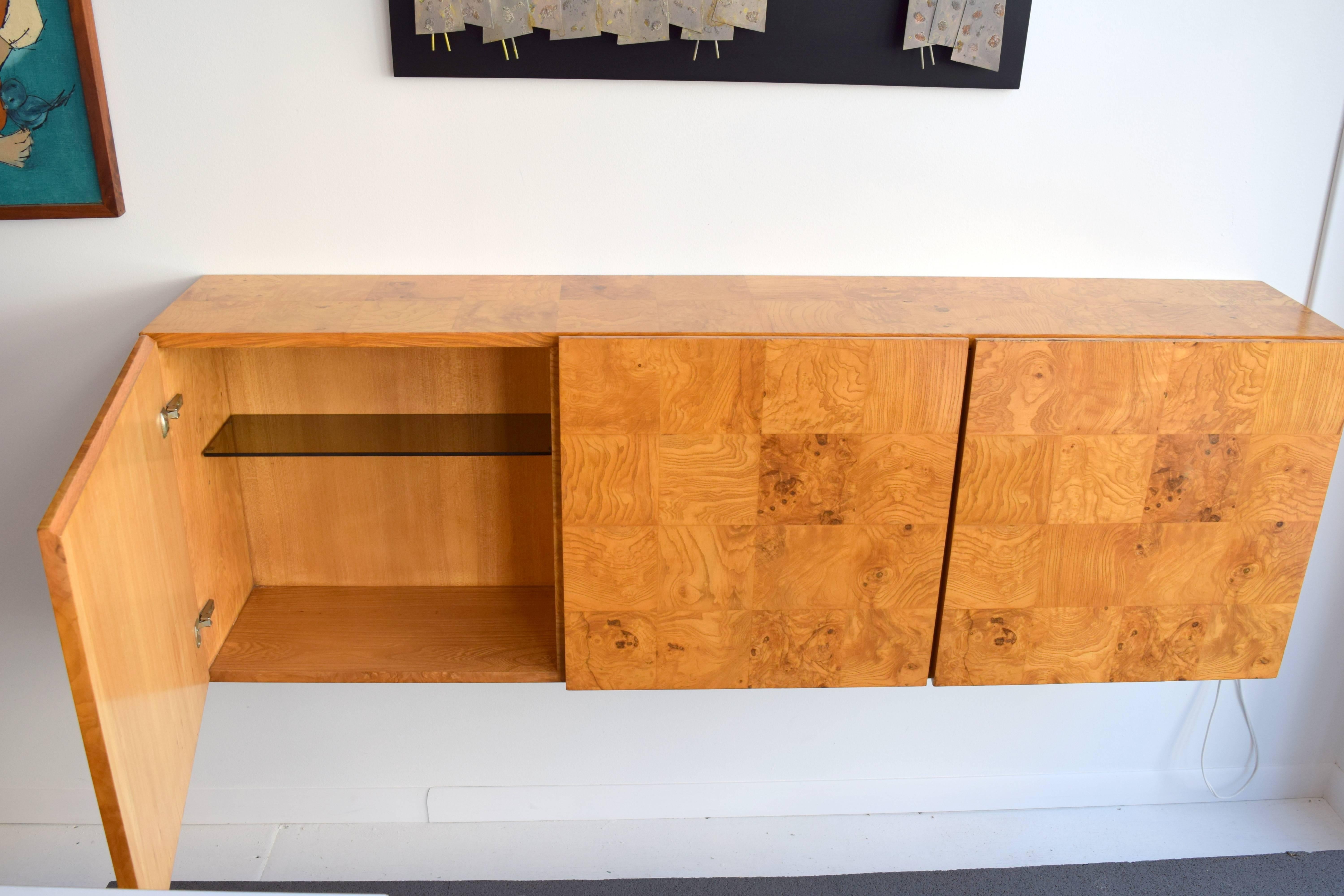 Mid-Century Modern Milo Baughman Wall-Mounted Burl Wood Cabinet For Sale