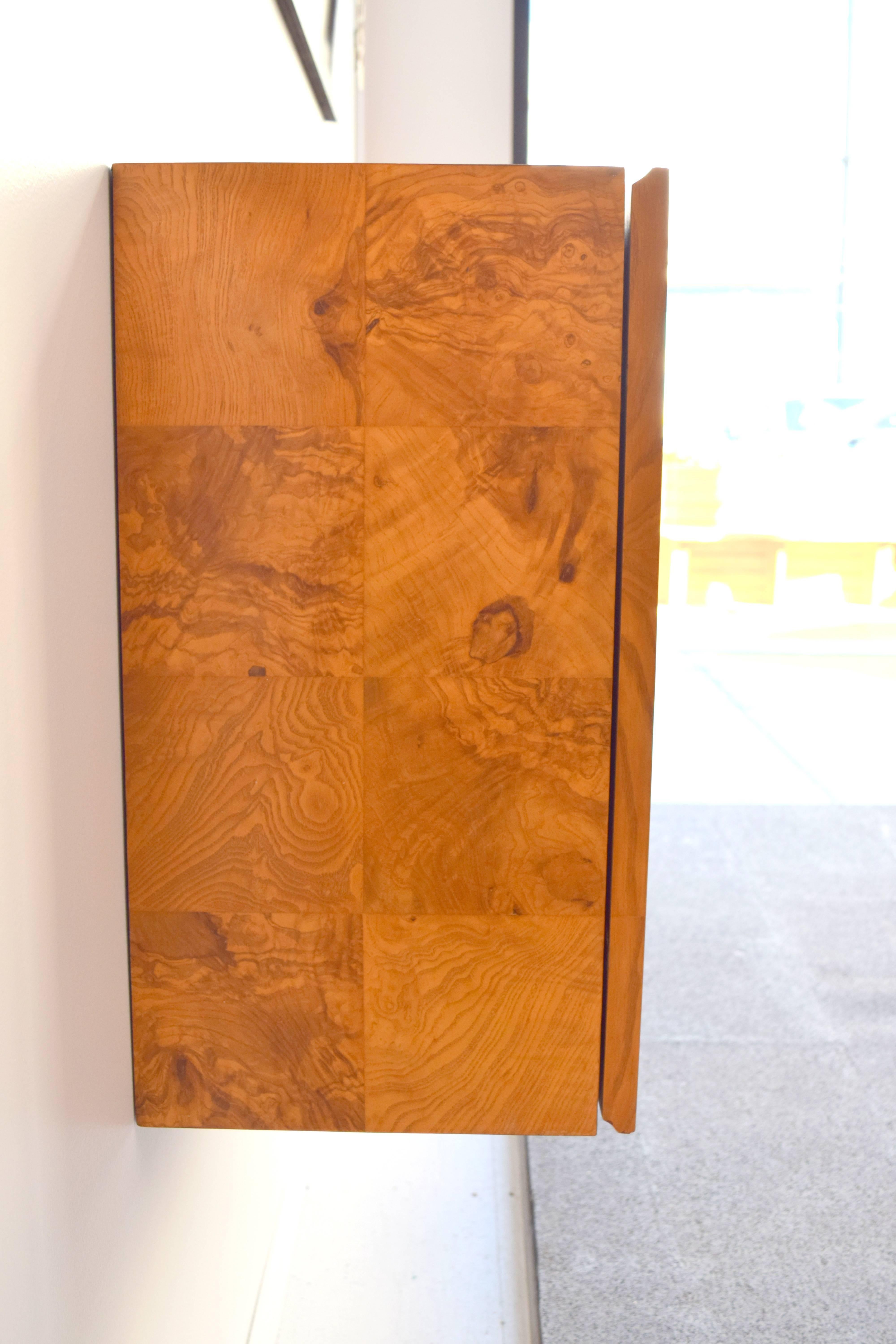American Milo Baughman Wall-Mounted Burl Wood Cabinet For Sale
