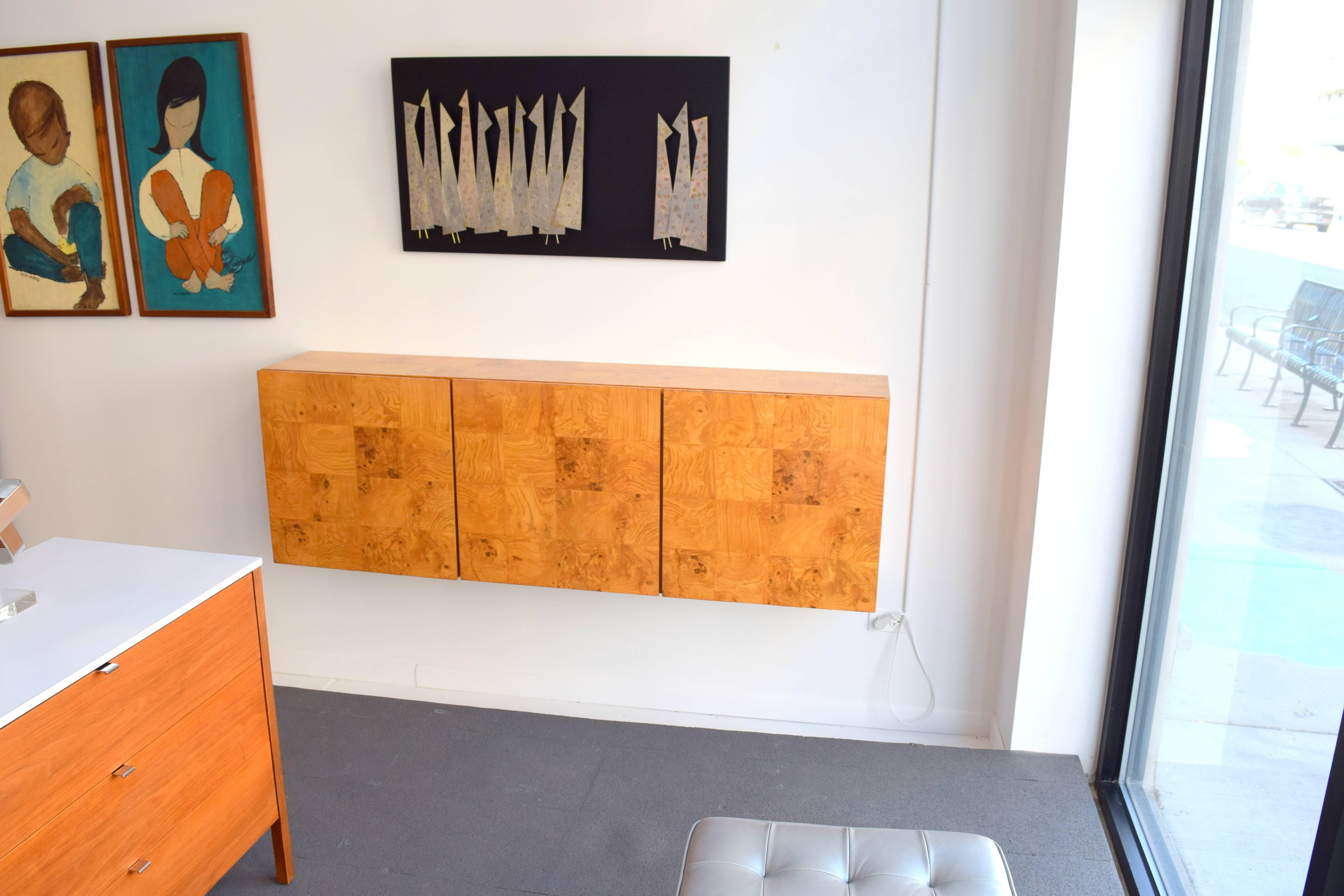 Milo Baughman Wall-Mounted Burl Wood Cabinet For Sale 1