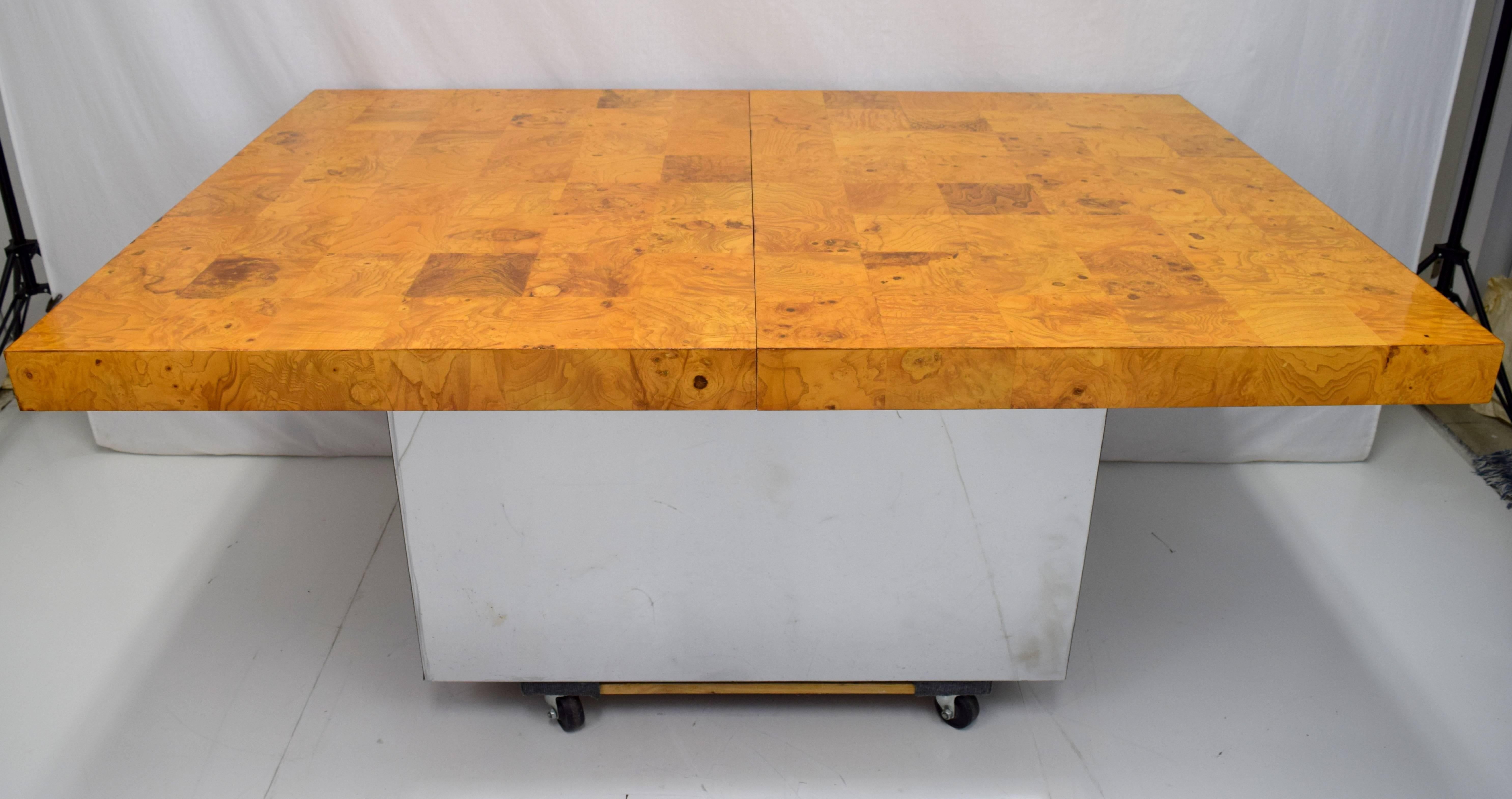 Mid-Century Modern Milo Baughman Burl Wood and Stainless Expanding Dining Table For Sale