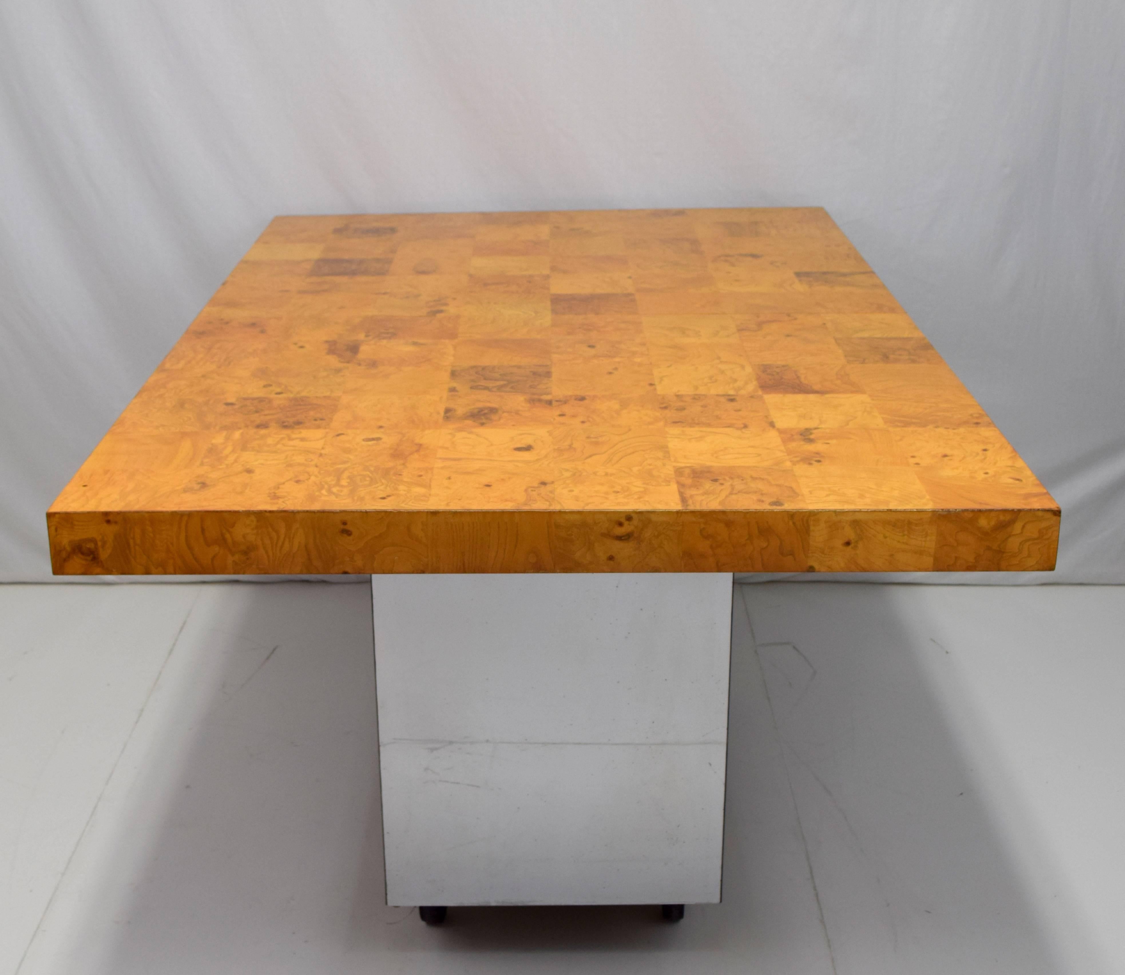 American Milo Baughman Burl Wood and Stainless Expanding Dining Table For Sale