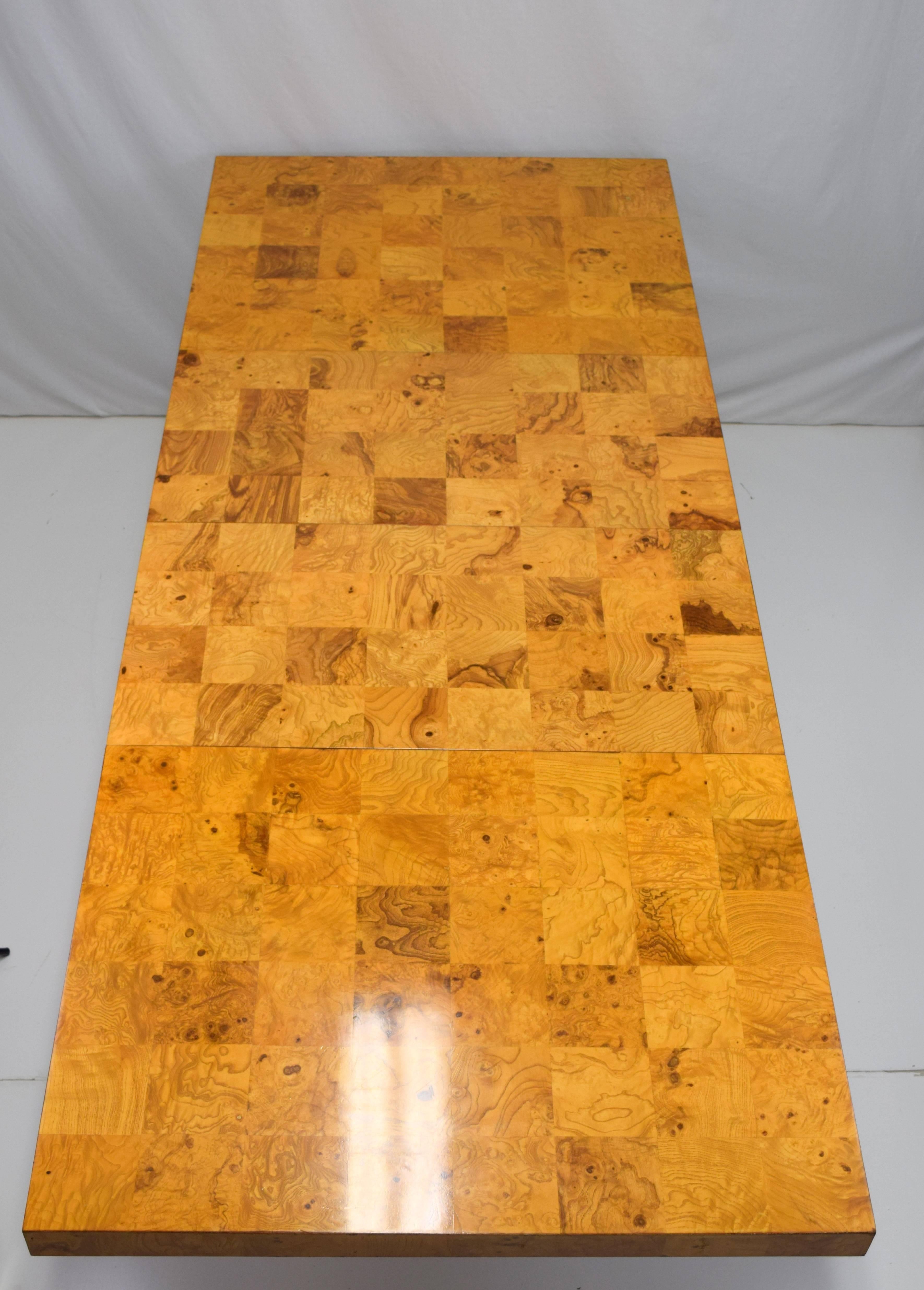 Mid-20th Century Milo Baughman Burl Wood and Stainless Expanding Dining Table For Sale