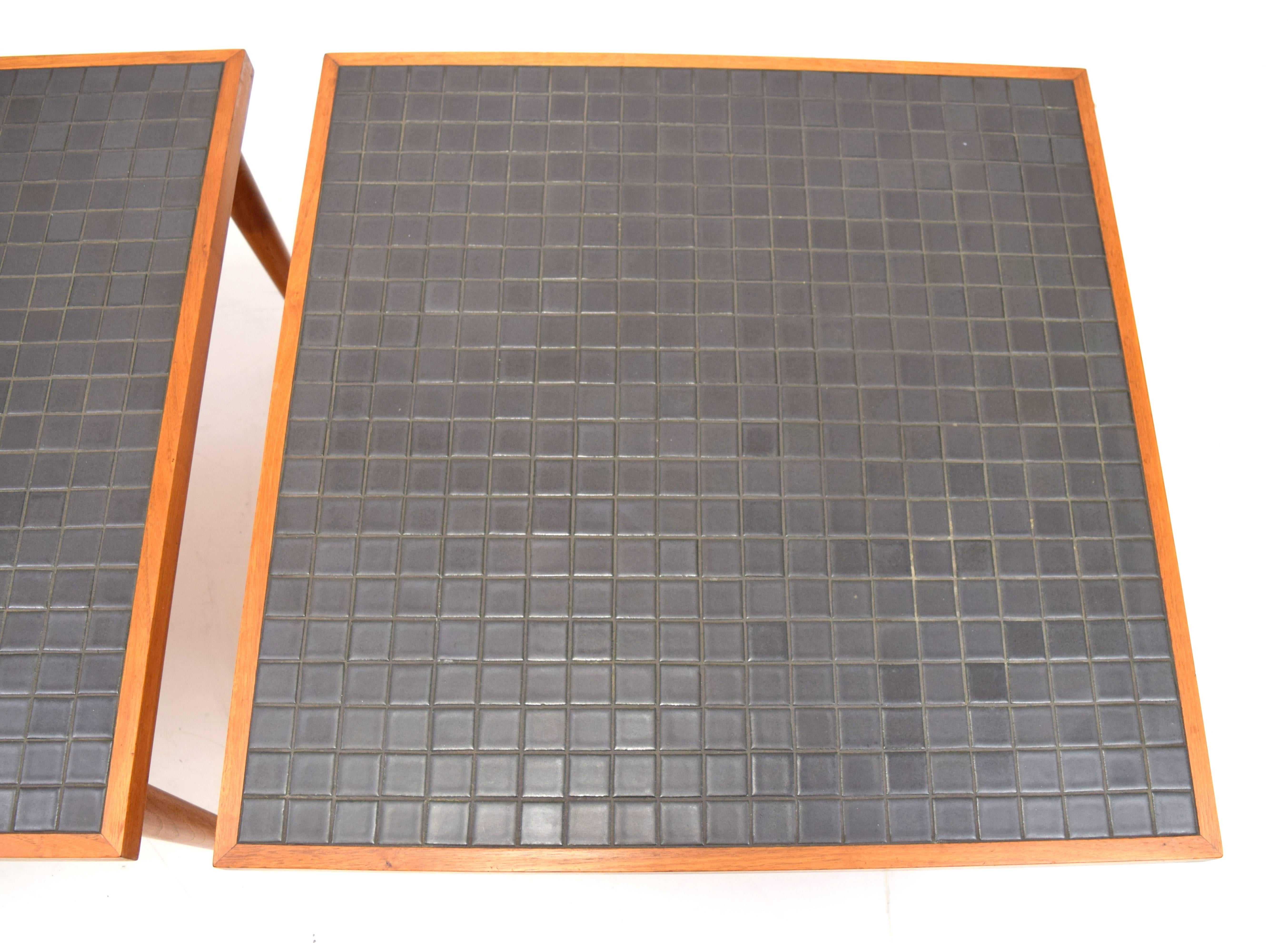Mid-Century Modern Pair of Martz Walnut and Tile End Tables for Marshall Studios For Sale
