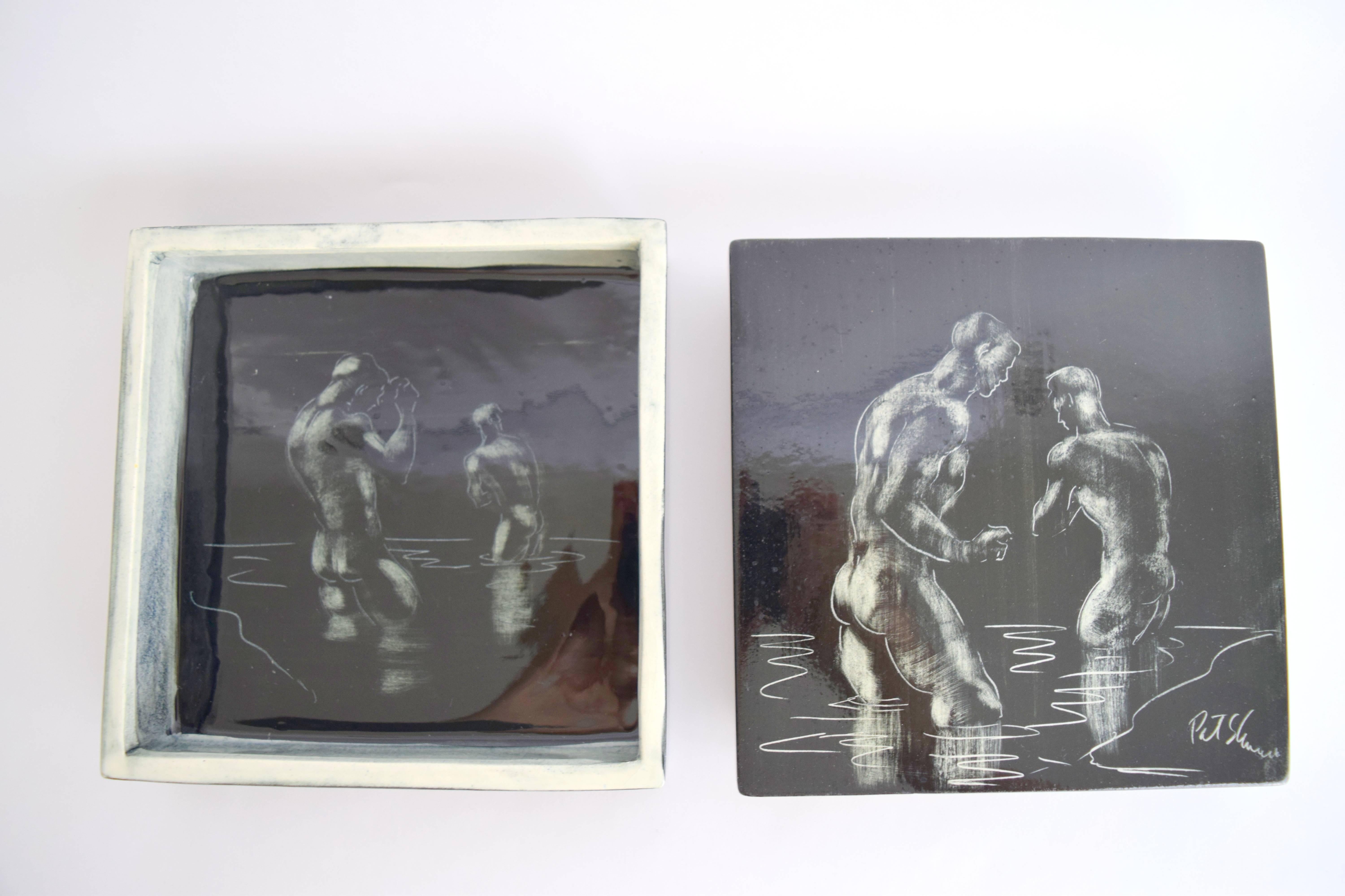 Rare art pottery box by Pat and Covey Stewart depicting male nudes 