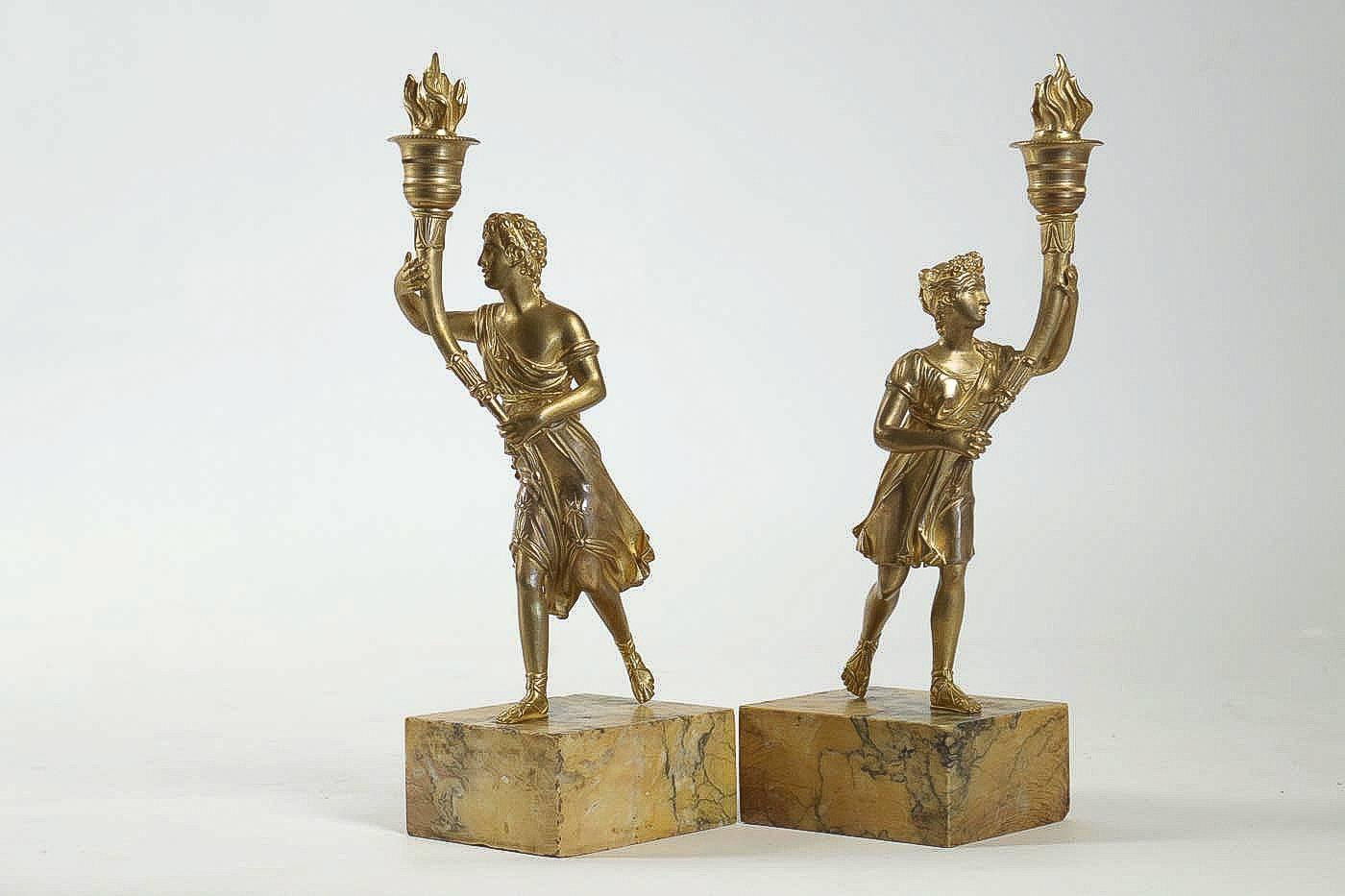 Mid-19th Century Pair of Candlesticks with Bronze Chiselled Characters For Sale 1