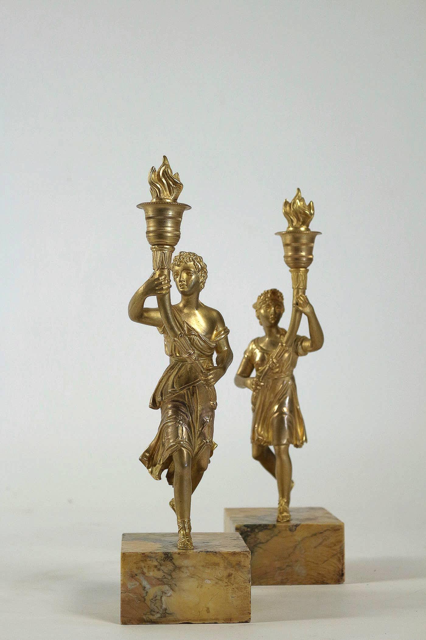 Mid-19th Century Pair of Candlesticks with Bronze Chiselled Characters For Sale 4