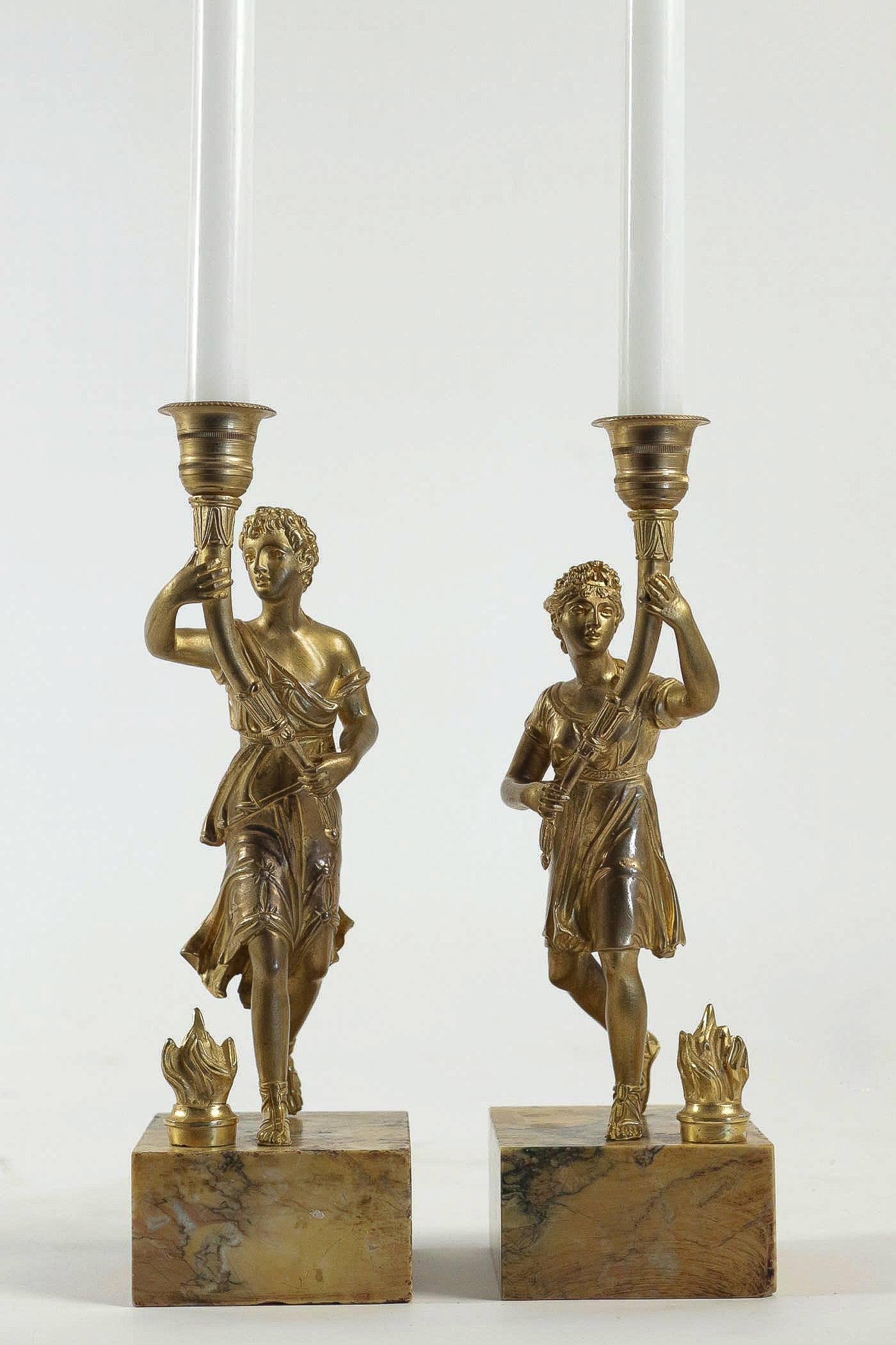 Mid-19th Century Pair of Candlesticks with Bronze Chiselled Characters For Sale 5