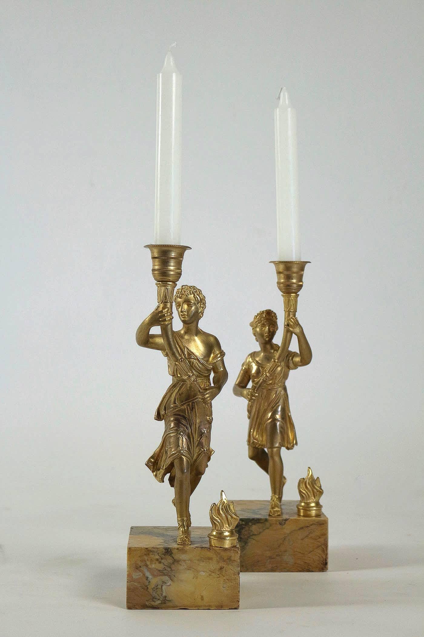 Mid-19th Century Pair of Candlesticks with Bronze Chiselled Characters For Sale 6
