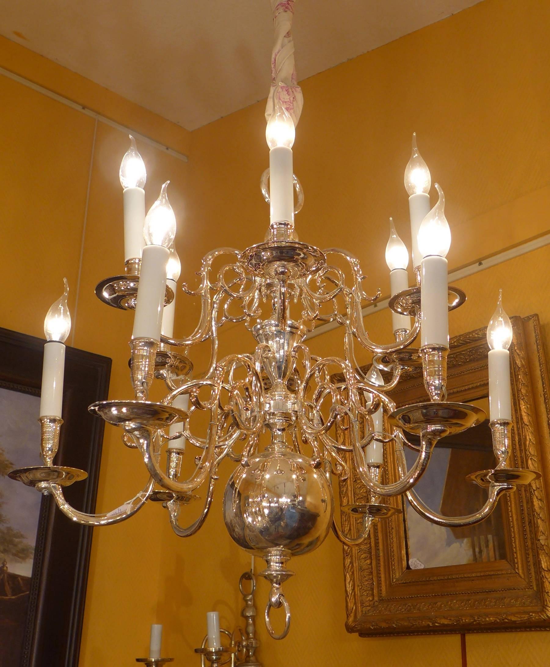 Late 18h Century Dutch Baroque Silver Plate Chandelier In Good Condition In Saint Ouen, FR