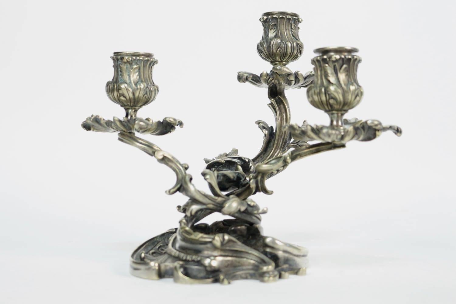 Silvered Henri Vian, Late-19th Century Pair of Rococo Revival Candlesticks