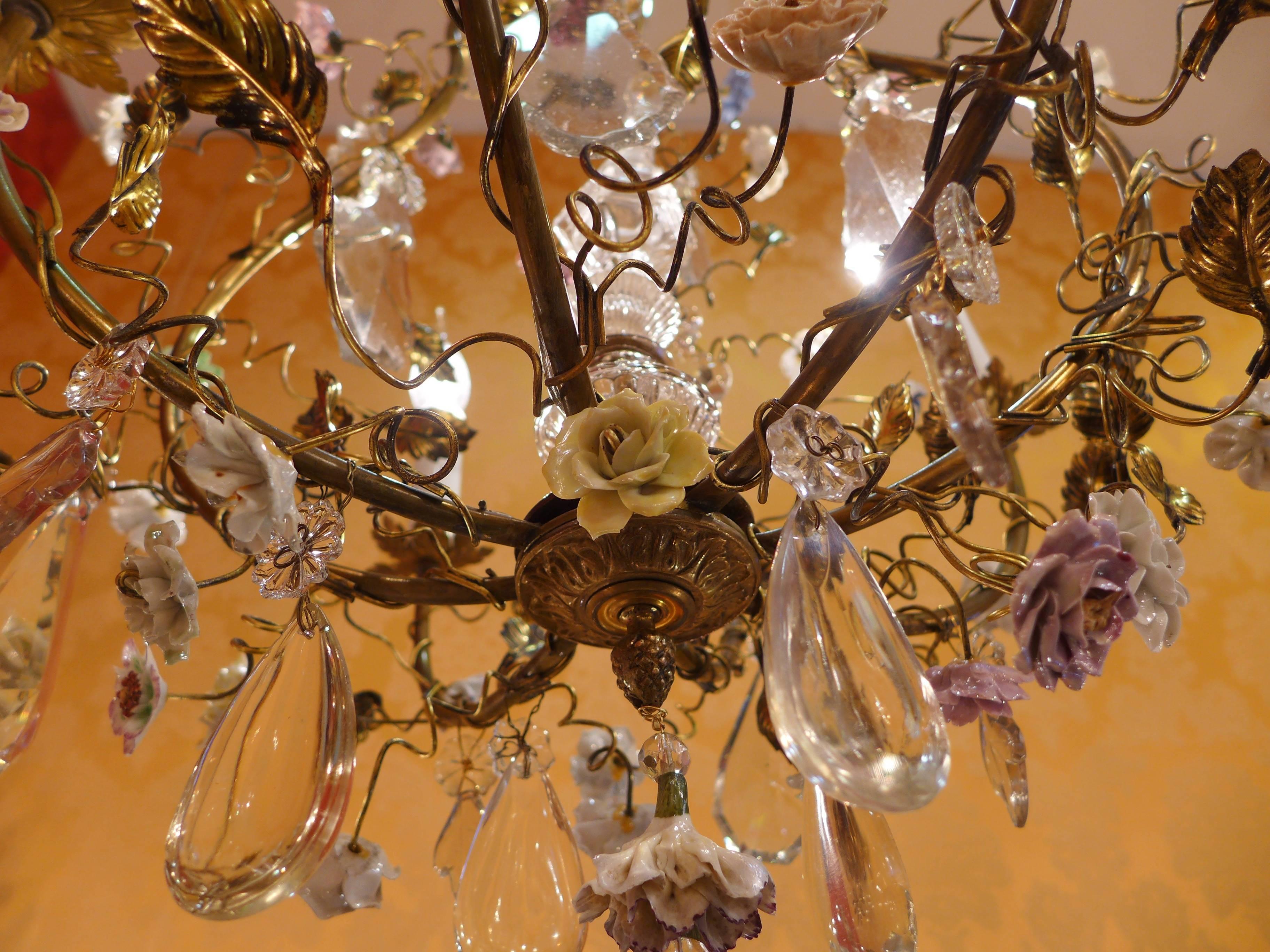 French Louis XV Style Gilt Bronze Chandelier with Porcelain Flowers and Chrystal 3