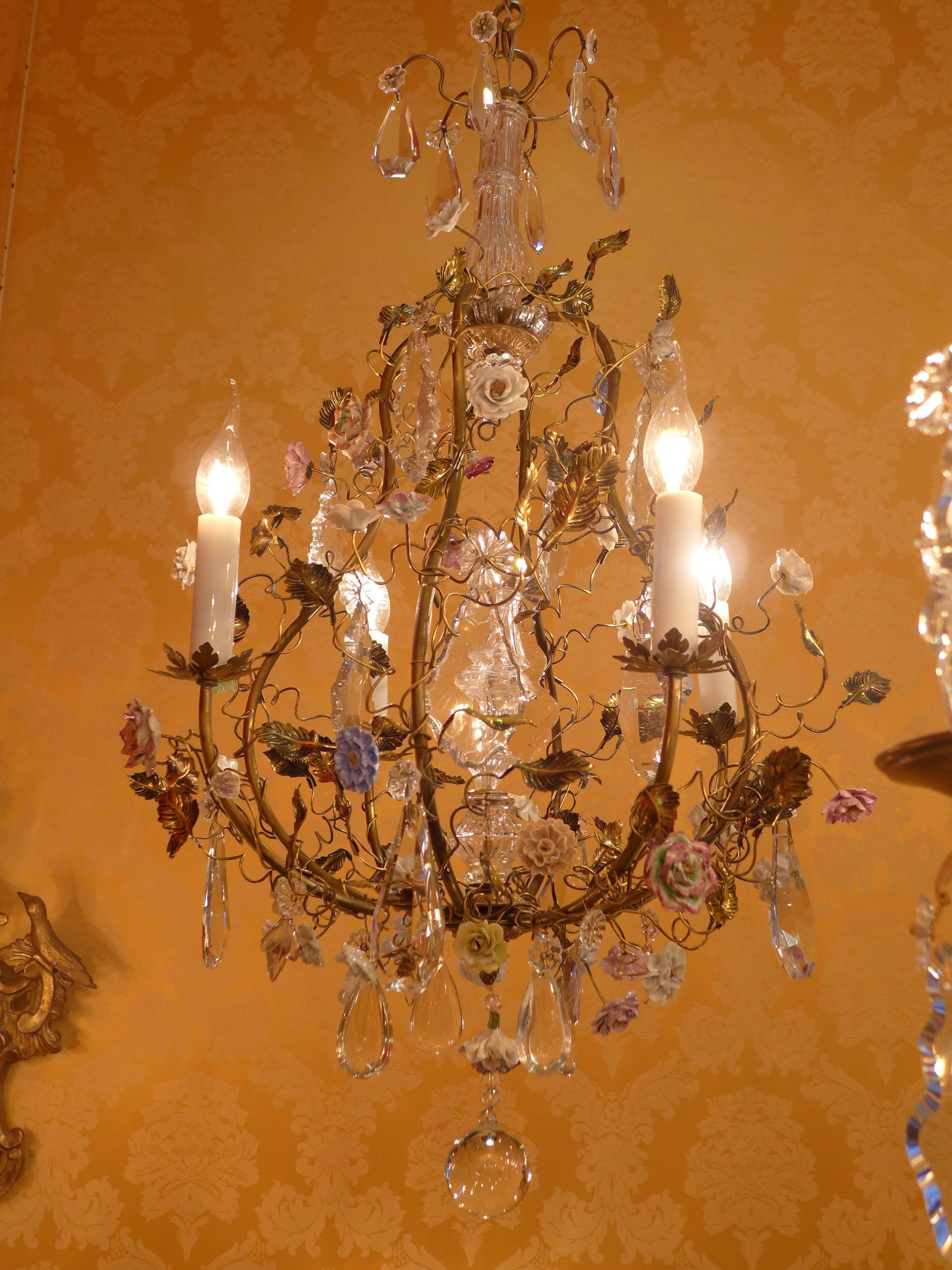 French Louis XV Style Gilt Bronze Chandelier with Porcelain Flowers and Chrystal 5