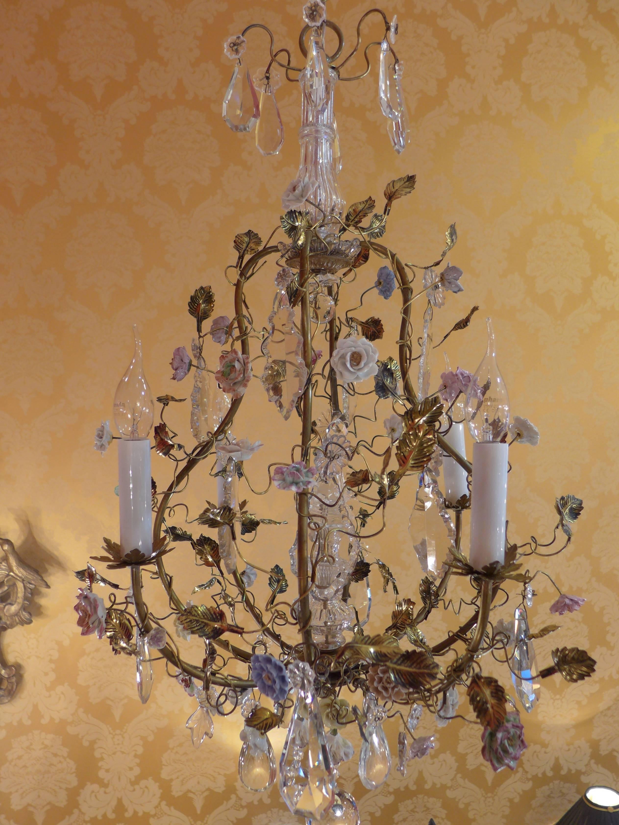 French Louis XV Style Gilt Bronze Chandelier with Porcelain Flowers and Chrystal 6