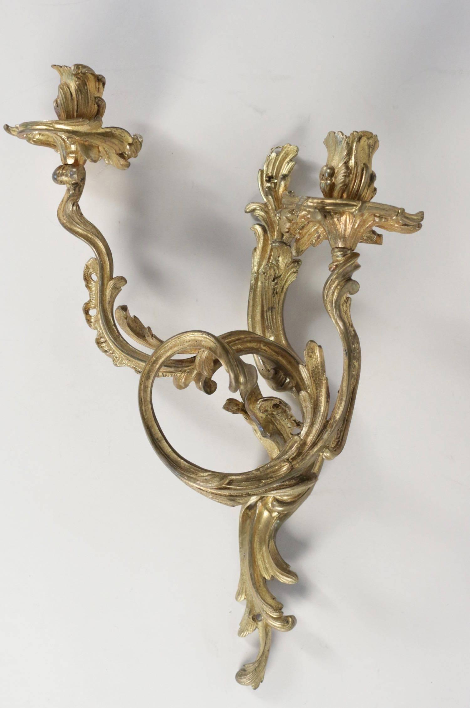 Gilt Pair of Late 19th Century French Louis XV Style Ormolu Sconces