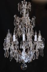 French Pair of Louis XV Style Silver Plate and Chrystal Chandeliers