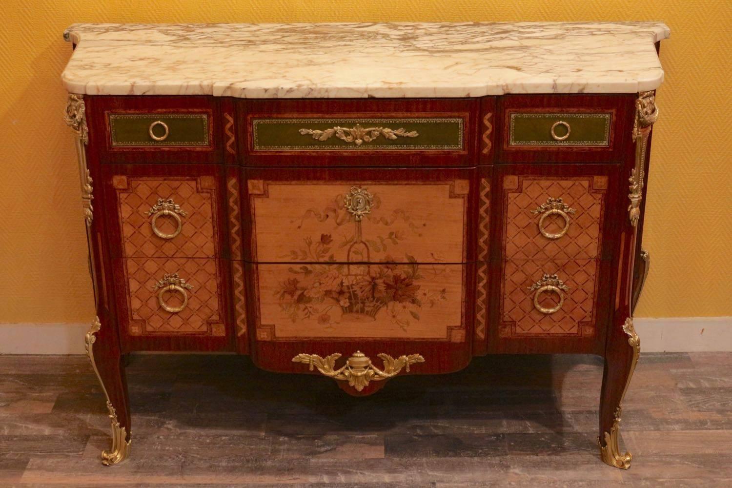 Napoleon III French Transition Style Marquetry and Marble-Top Commode, circa 1860