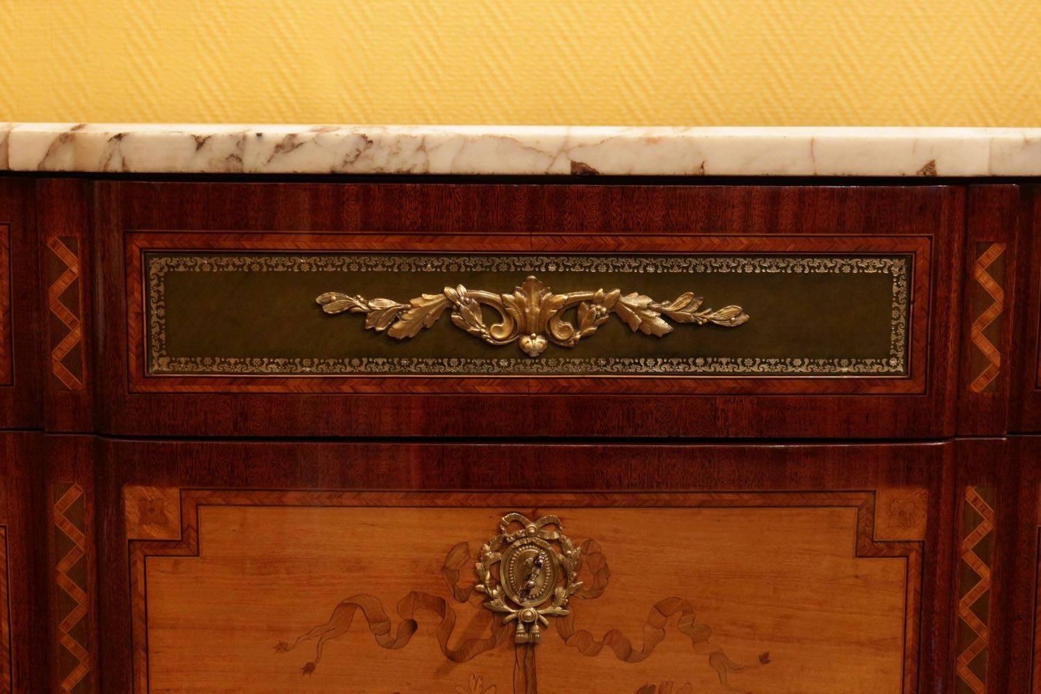 Veneer French Transition Style Marquetry and Marble-Top Commode, circa 1860