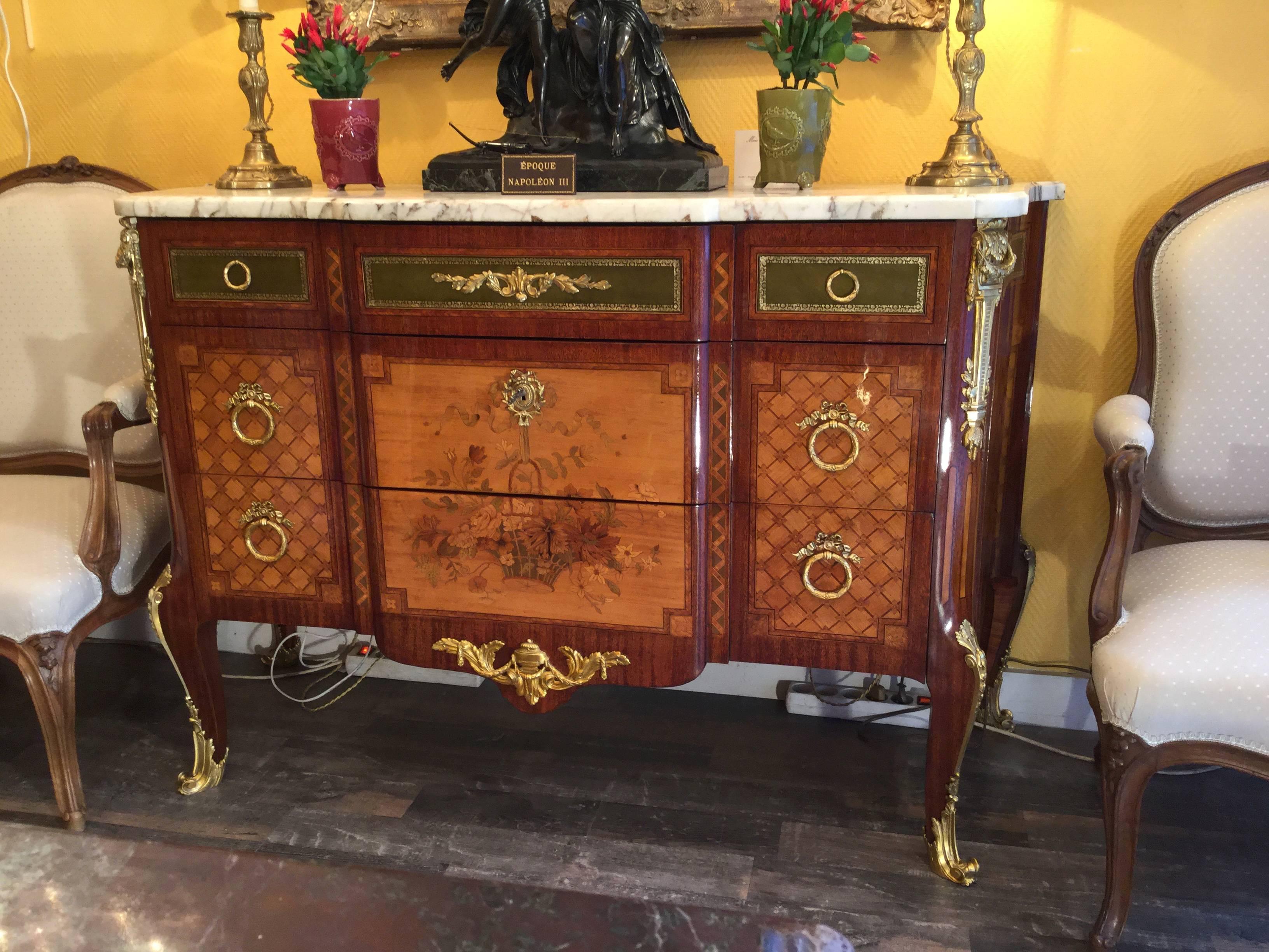 French Transition Style Marquetry and Marble-Top Commode, circa 1860 2