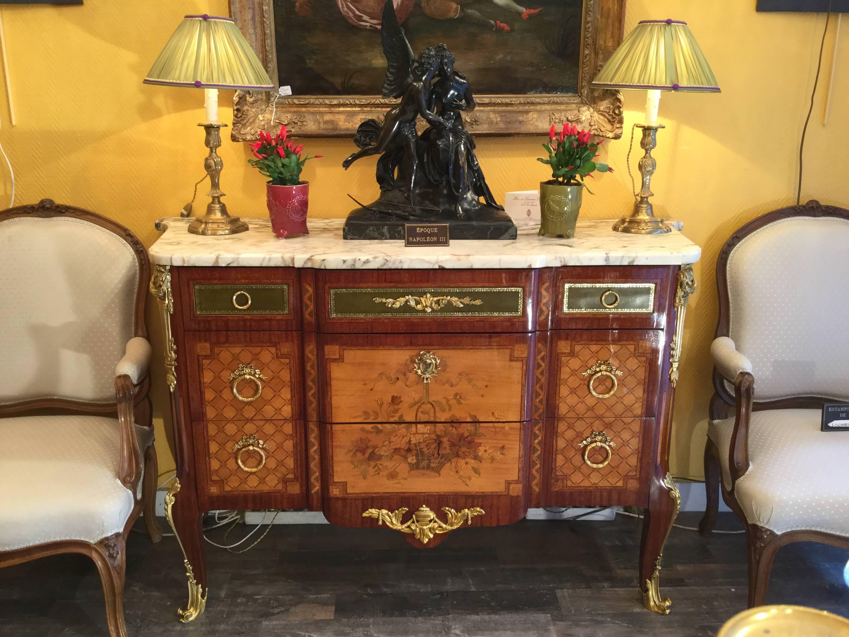 French Transition Style Marquetry and Marble-Top Commode, circa 1860 3