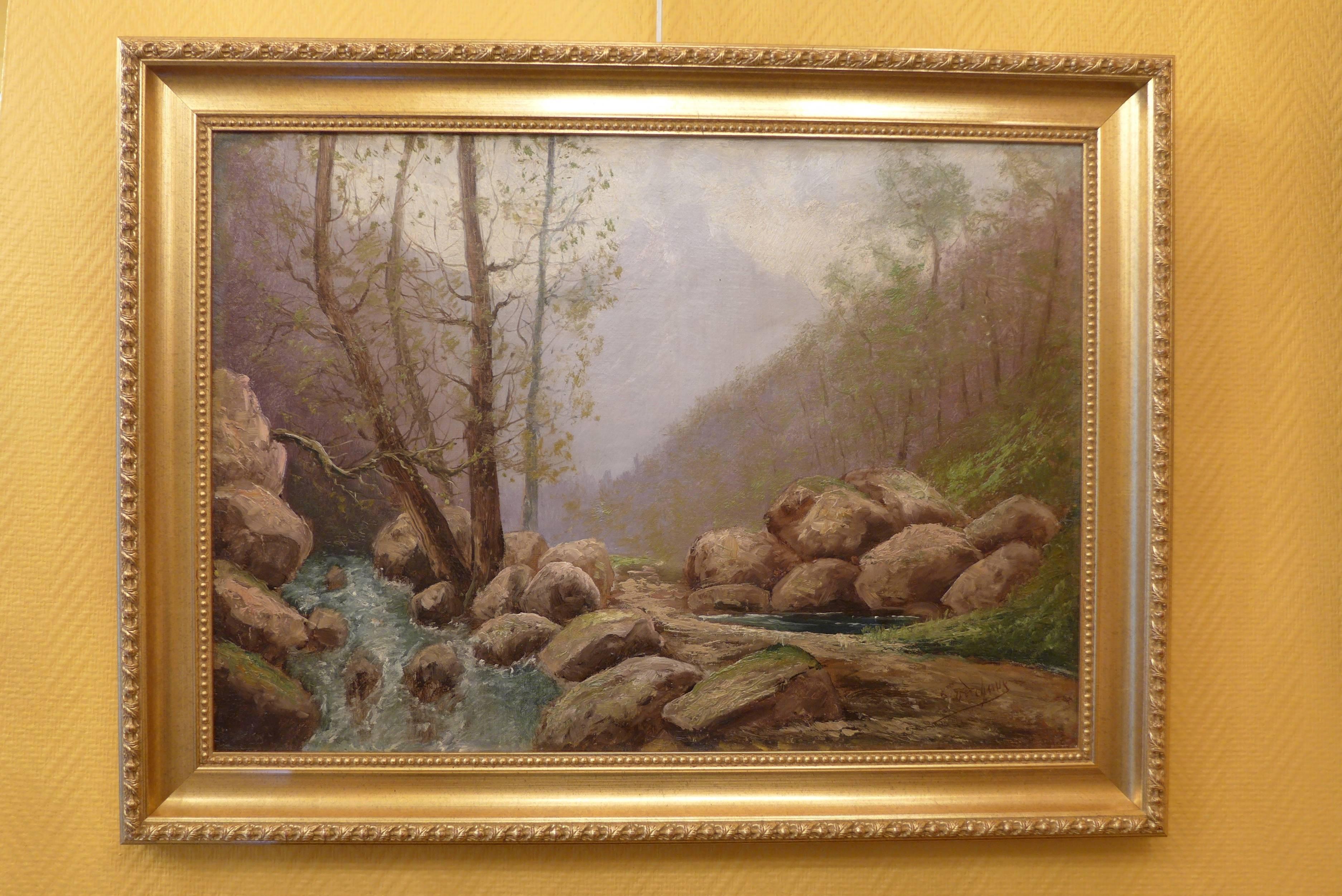 French Mountain stream, oil on canvas signed on the lower right side by Godchaux, circa 1900.

Emile Godchaux: (Bordeaux 1860-1930), was a French landscape painter. 
It appears to be a close relative of Alfred Godchaux (landscape painter) and Roger