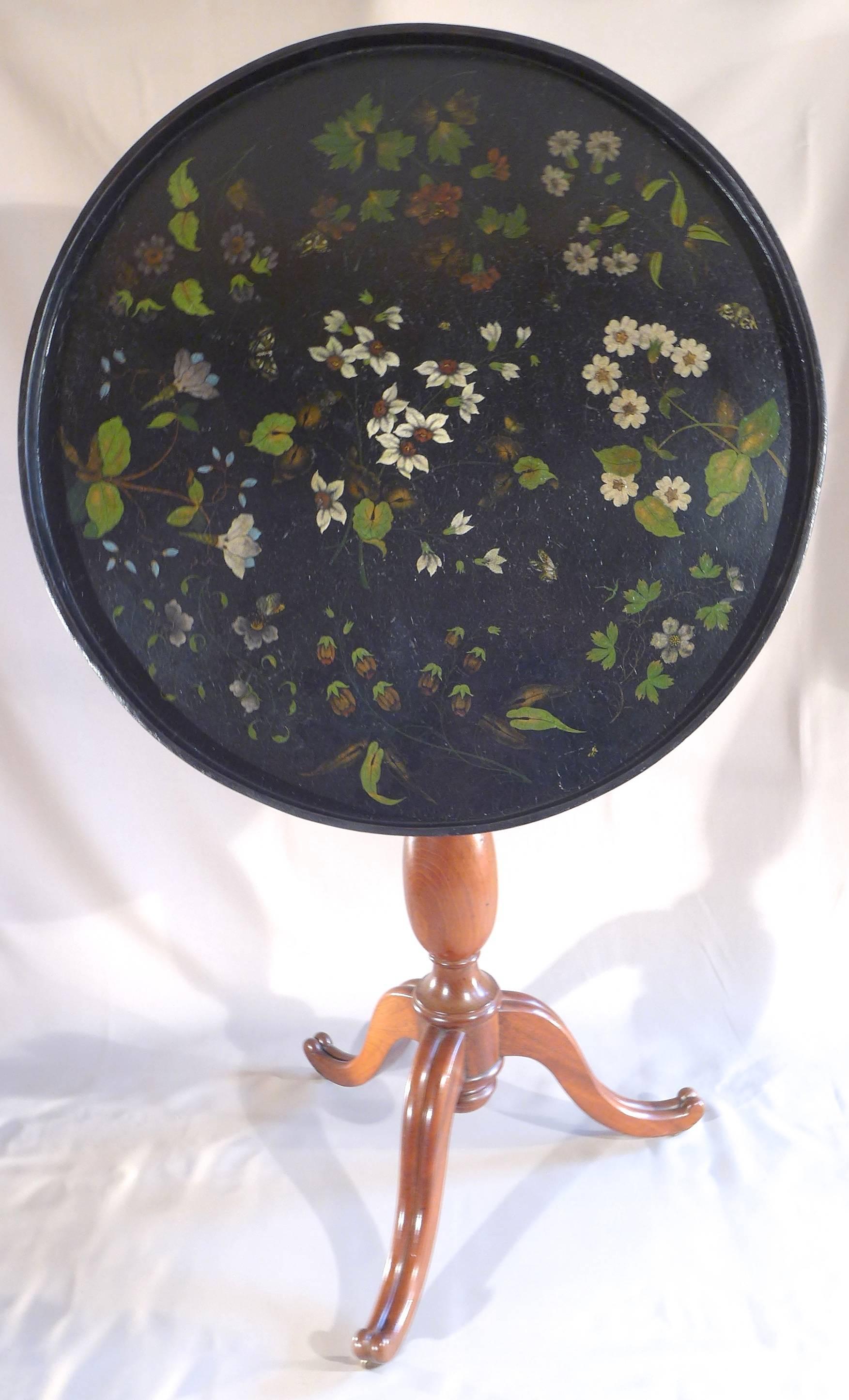 Gorgeous, something unique, rare French Louis XVI period round pedestal table, with an solid mahogany hand-carved pedestal and an amazing iron floral decoration painted top, flowers, butterflies, wasps, fly on a black background, with a magnificent