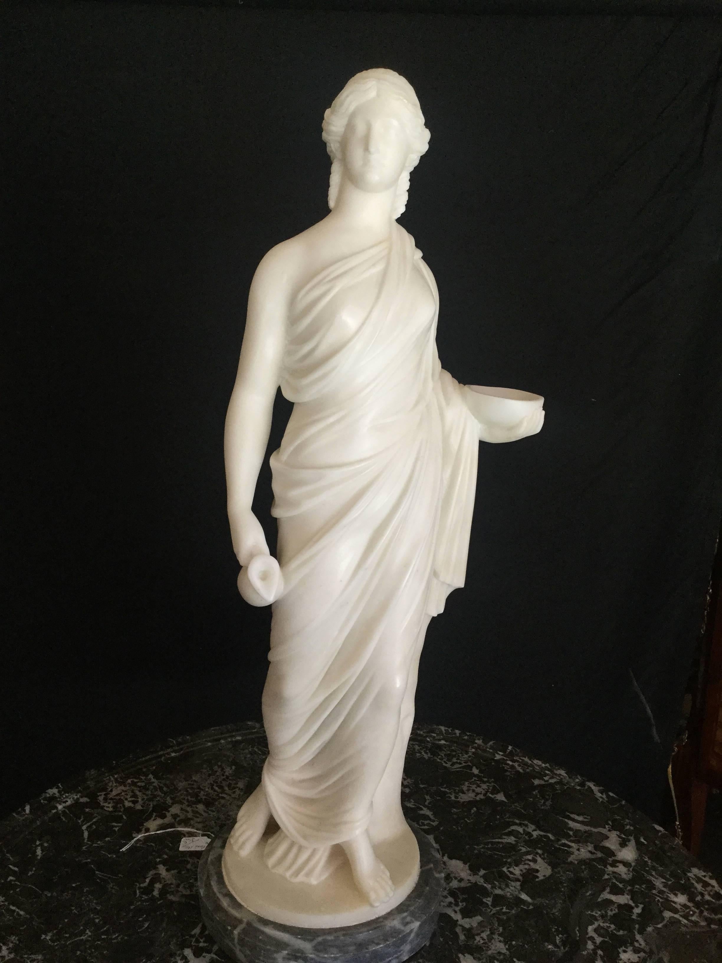 Fine quality hand-carved Carrara marble Hebe sculpture, the Greek goddess of Youth pouring wine into a cup. Italian work late 19th century, circa 1880.

Dimensions: 30.31 in H – 9.84 in D.

She usually in its allocation all that concerned
