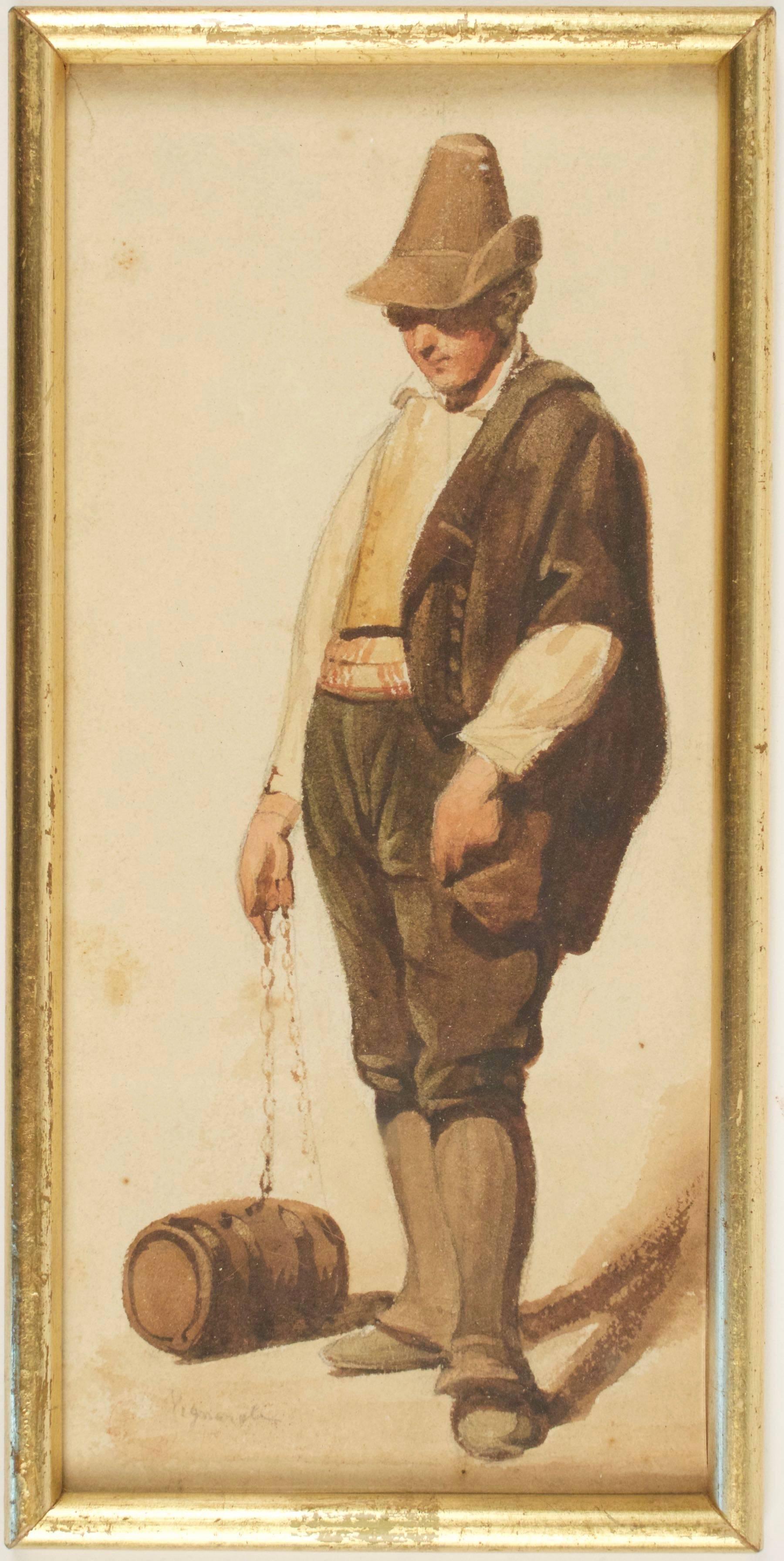 Interesting and decorative set of seven watercolors depicts Italian people to the mid-19th century.
The watercolors are various sizes and it are annotated by the artist.
Each watercolor has the stamp of the artist.

Jean-Achille Benouville (15