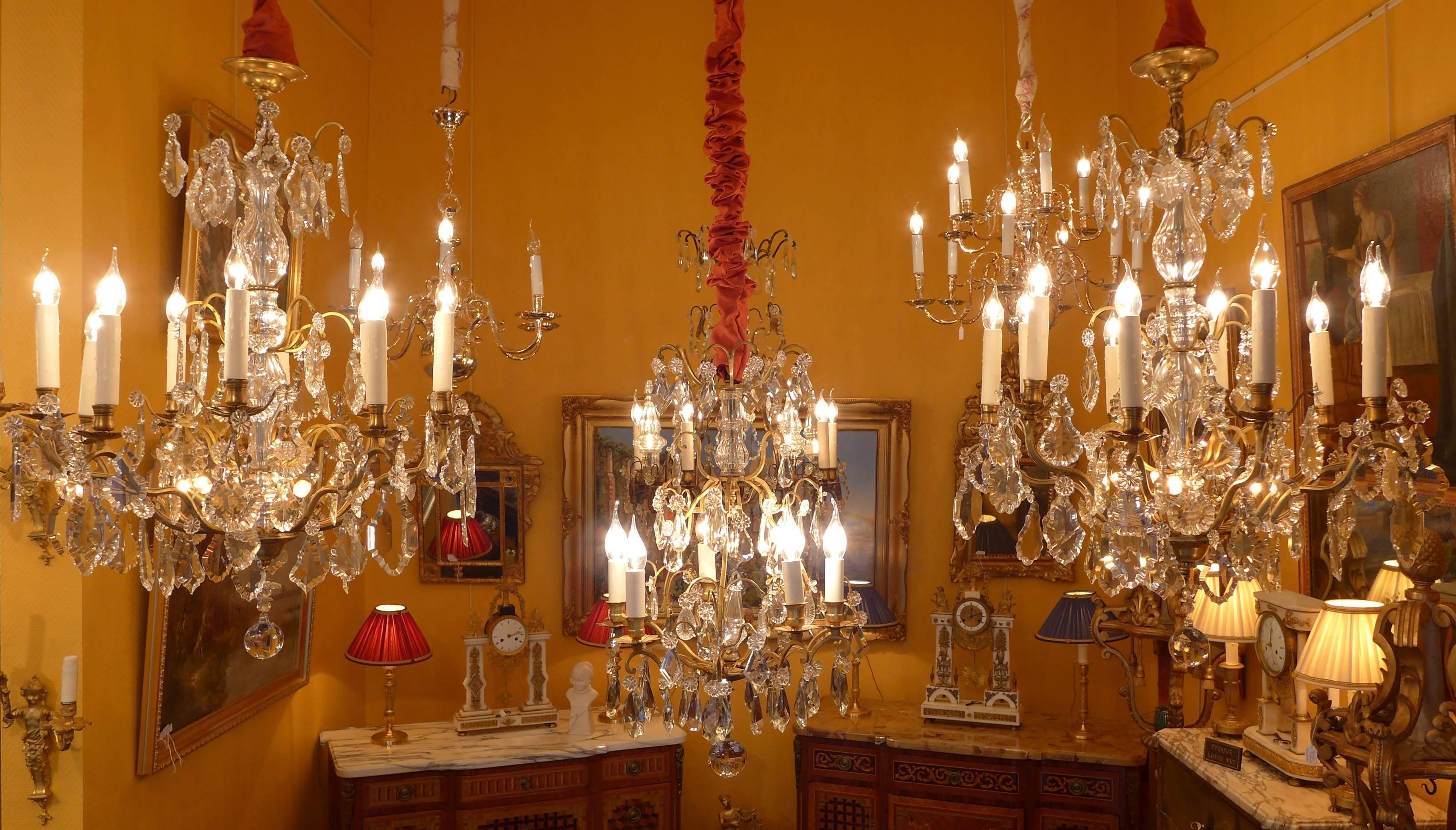 French Pair of Louis XVI Style Gilt Bronze and Chrystal Chandeliers, circa 1920 5