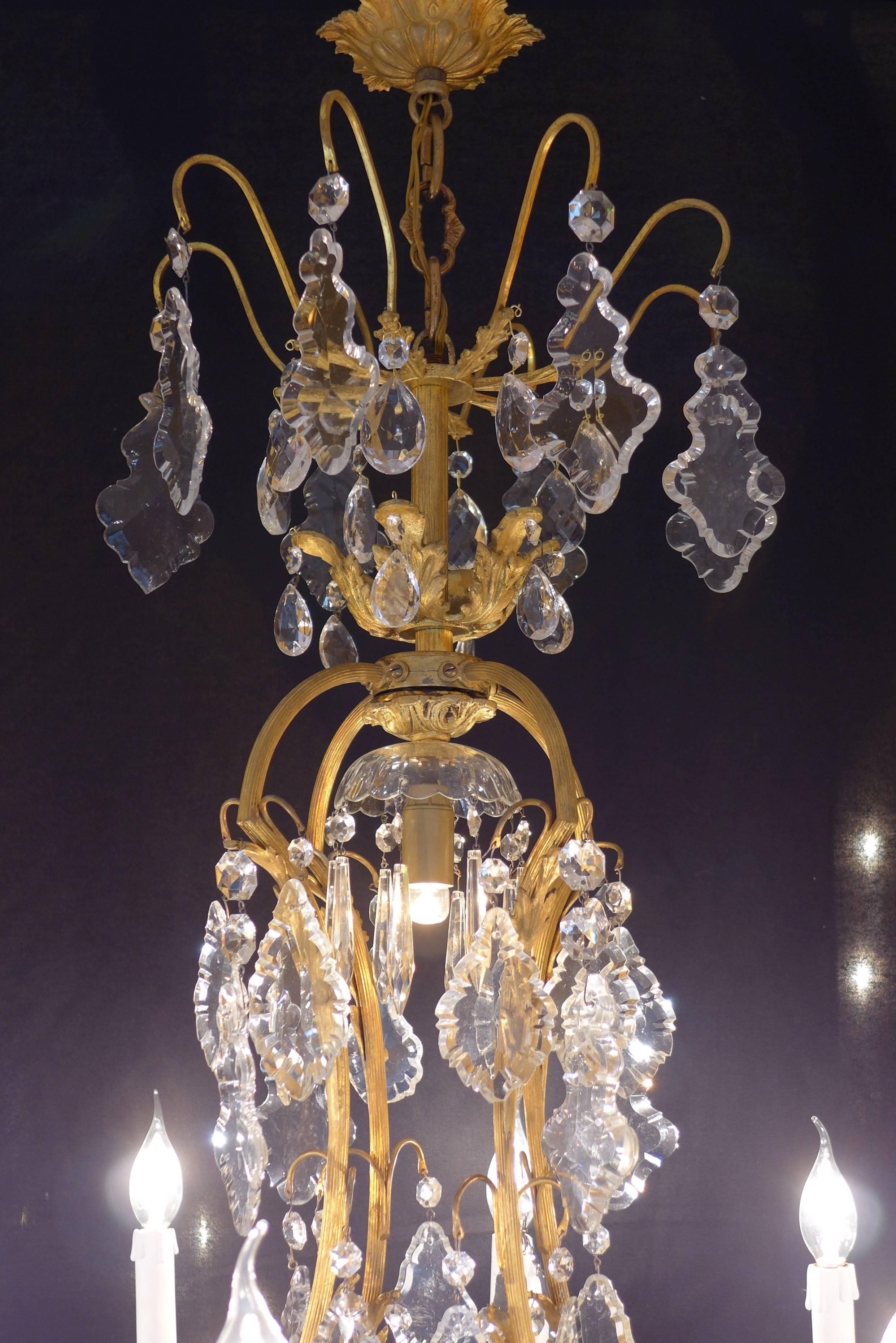 Gilt French Mid-20th Century Louis XV Style Ormolu and Crystal Chandelier, circa 1950 For Sale