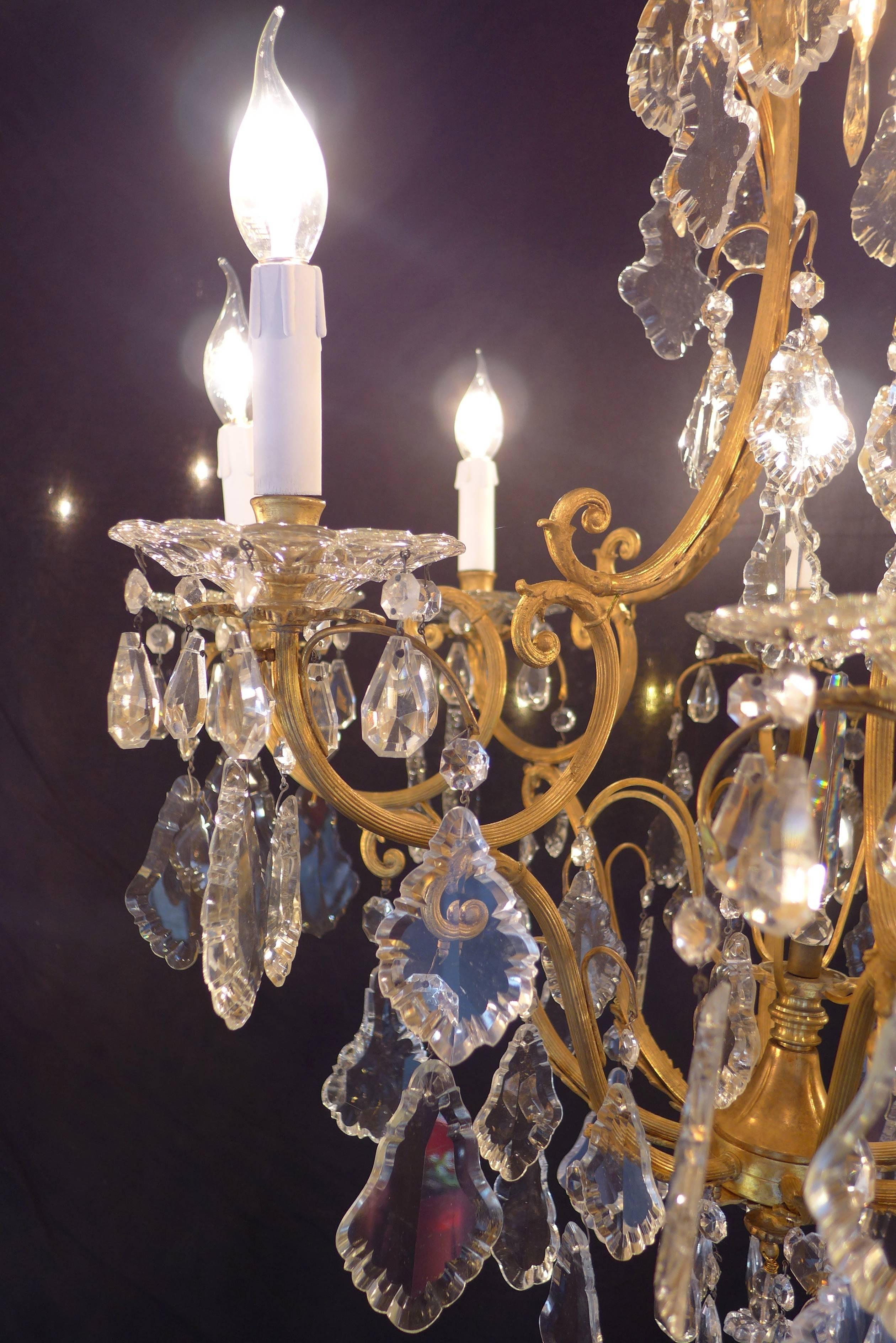 Bronze French Mid-20th Century Louis XV Style Ormolu and Crystal Chandelier, circa 1950 For Sale