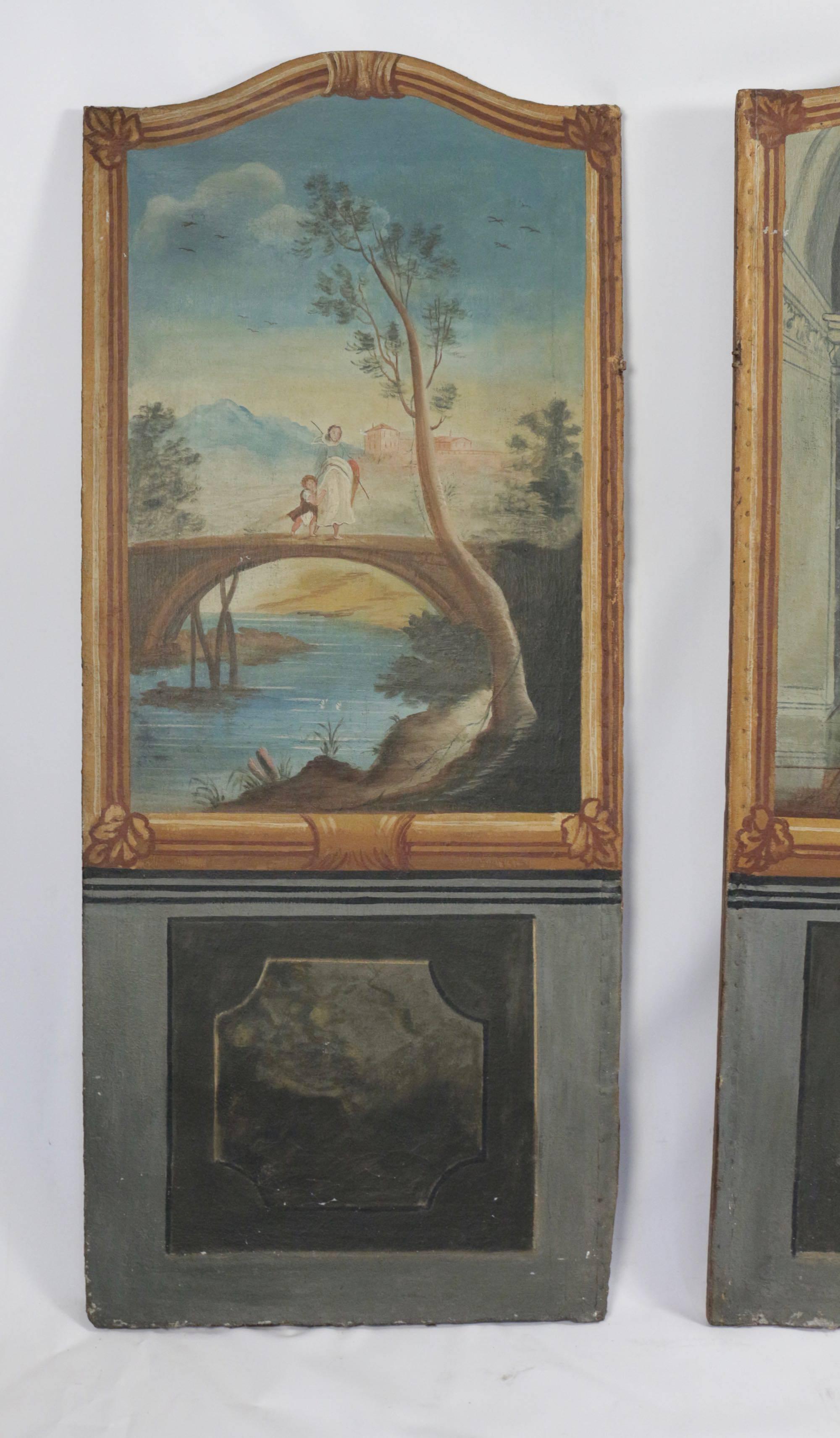 Very lovely decorative two-panel screen painted oil on canvas with Italian country scenes.
Italy late 18th century, circa 1795.
